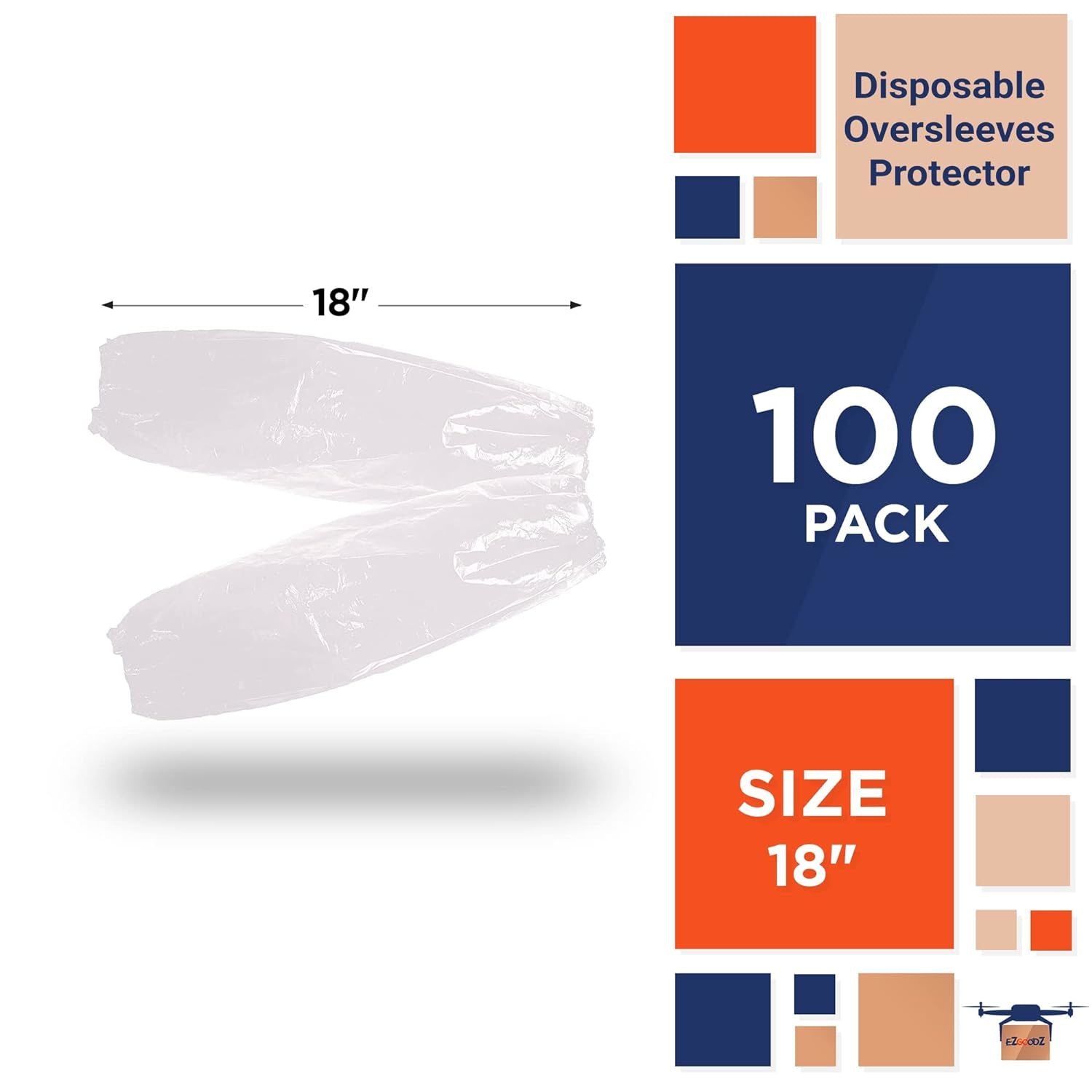 Disposable Clear Oversleeves 18". Pack of 100 Embossed Plastic Waterproof PPE Arm Covers with Elastic Wrist; Elbow. Polyethylene 1 Mil Protective Slee