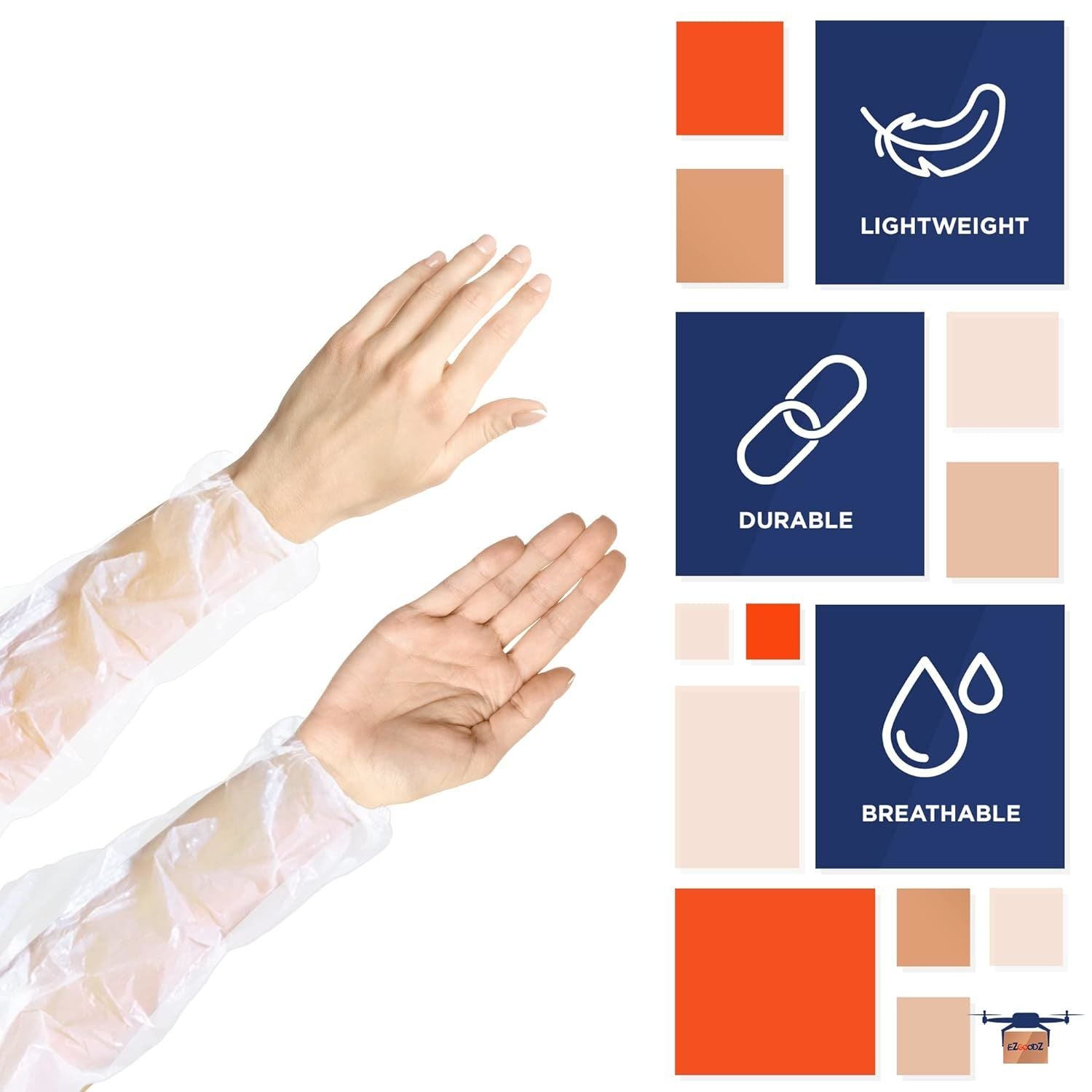 Disposable Clear Oversleeves 18". Pack of 100 Embossed Plastic Waterproof PPE Arm Covers with Elastic Wrist; Elbow. Polyethylene 1 Mil Protective Slee