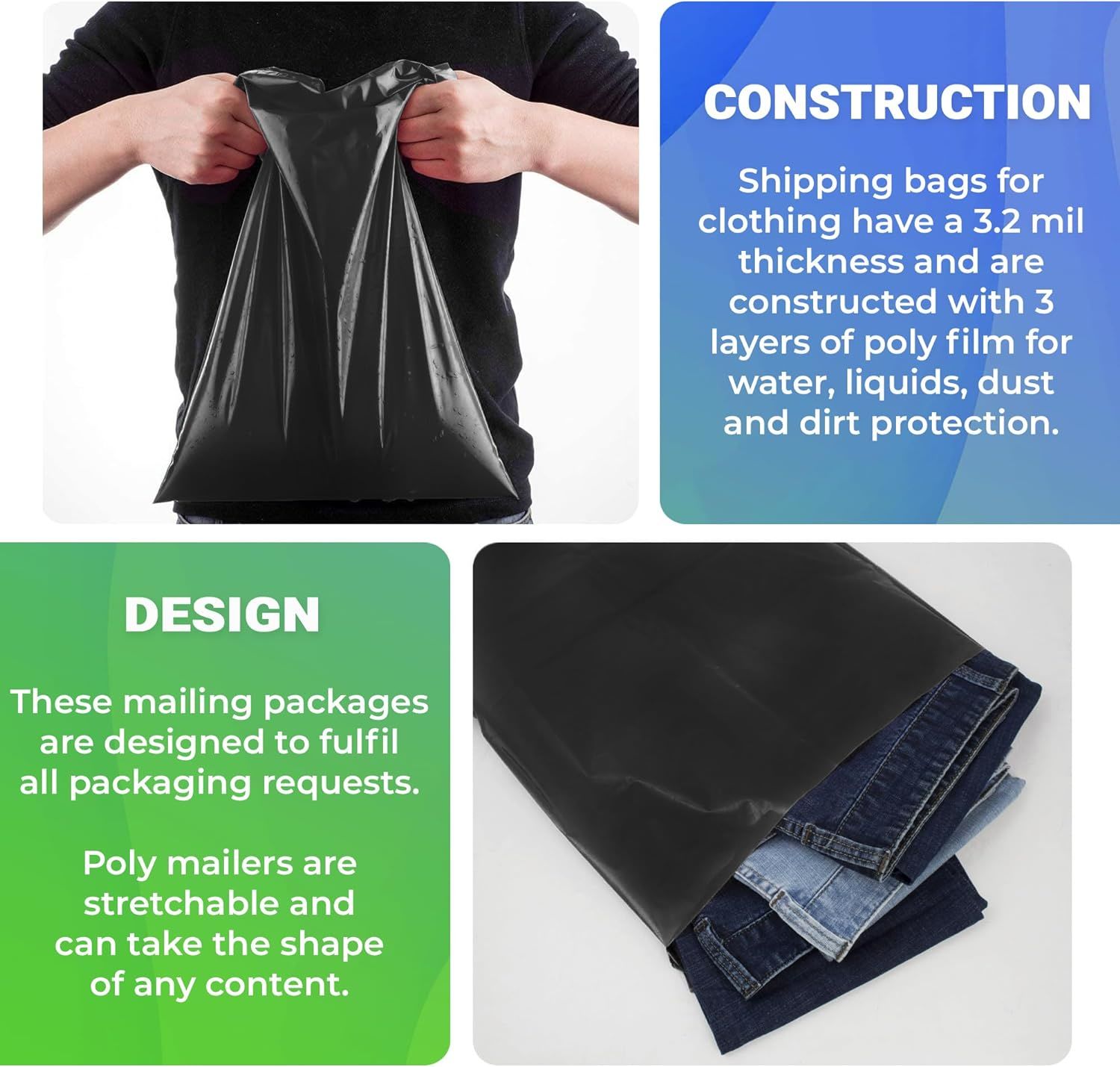 Pack of 50 Black Poly Mailers 19 x 24 Shipping Bags for Clothing 3.2 mil. Poly Mailer Bags 19x24 Plastic Mailing Envelopes for Clothes. Tear Proof Mai
