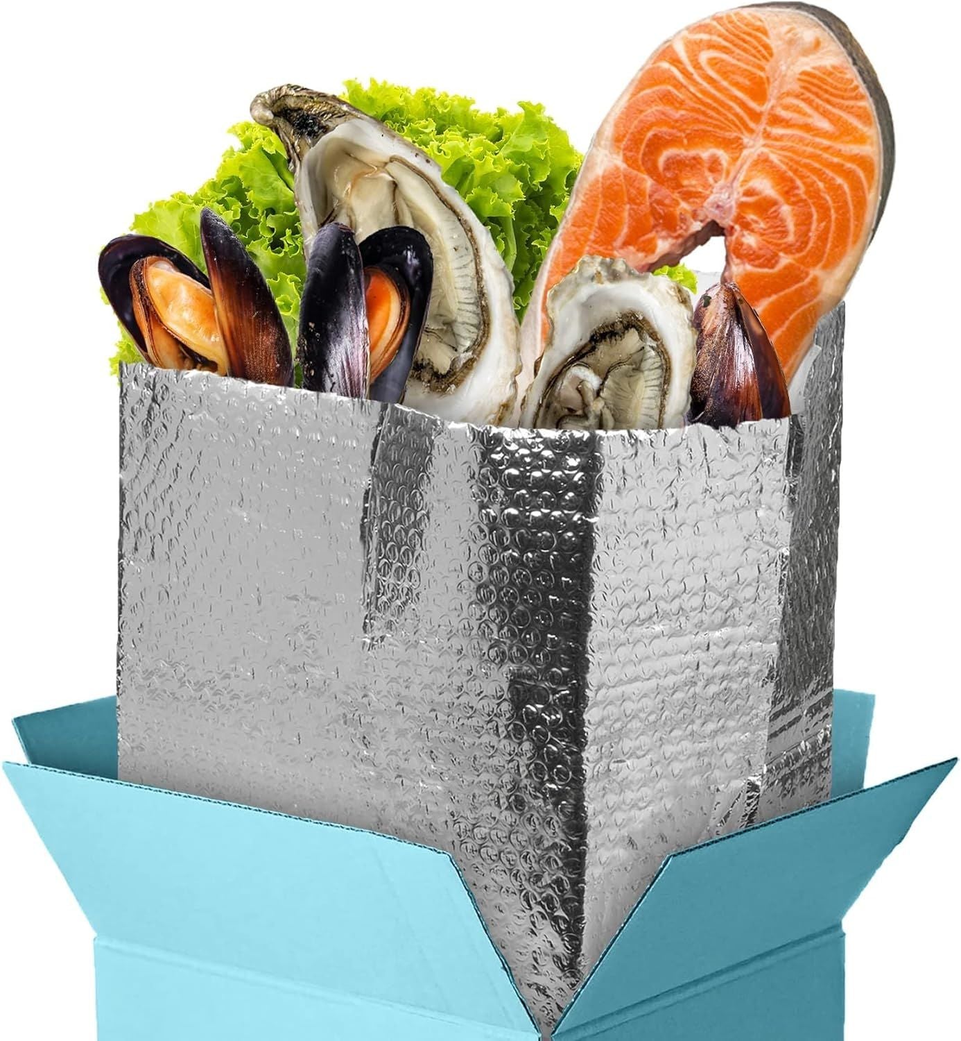 Pack of 10 Thermal Box Liners for 8x8x8 Box Size; Metalized Food Grade Box Liners with Gusseted Bottom 8 x 8 x 8 Insulated Box Pouches with Adhesive S