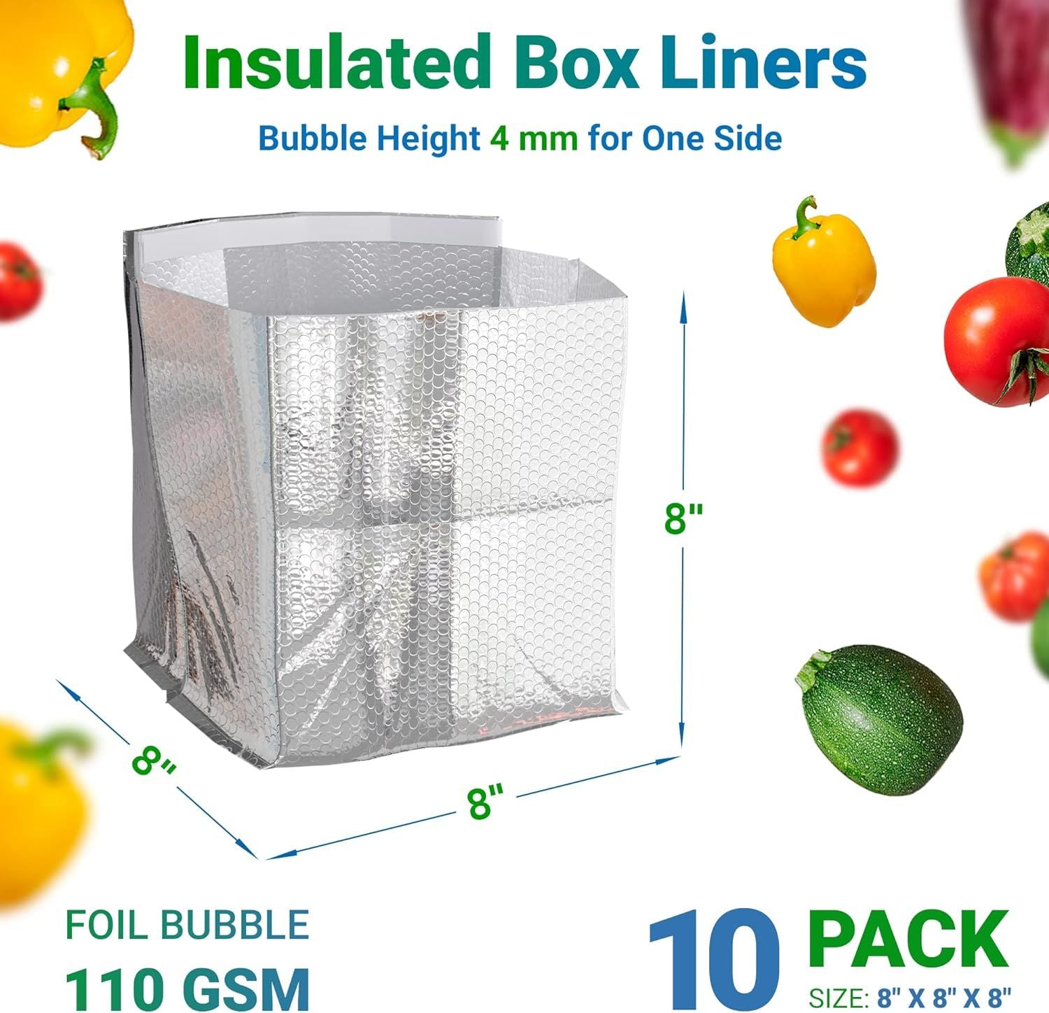 Pack of 10 Thermal Box Liners for 8x8x8 Box Size; Metalized Food Grade Box Liners with Gusseted Bottom 8 x 8 x 8 Insulated Box Pouches with Adhesive S