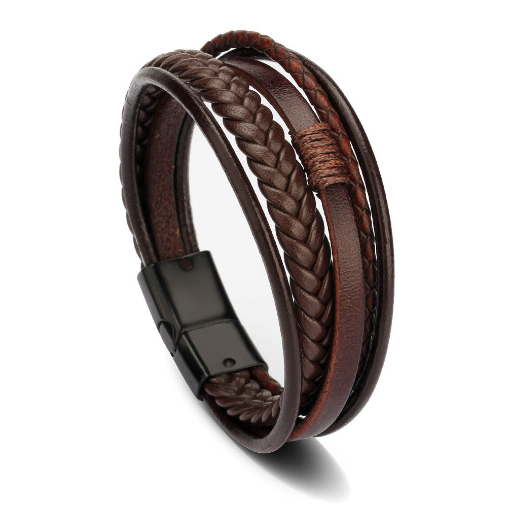 Trendy Leather Bracelets Men Stainless Steel Multilayer Braided Rope Bracelets
