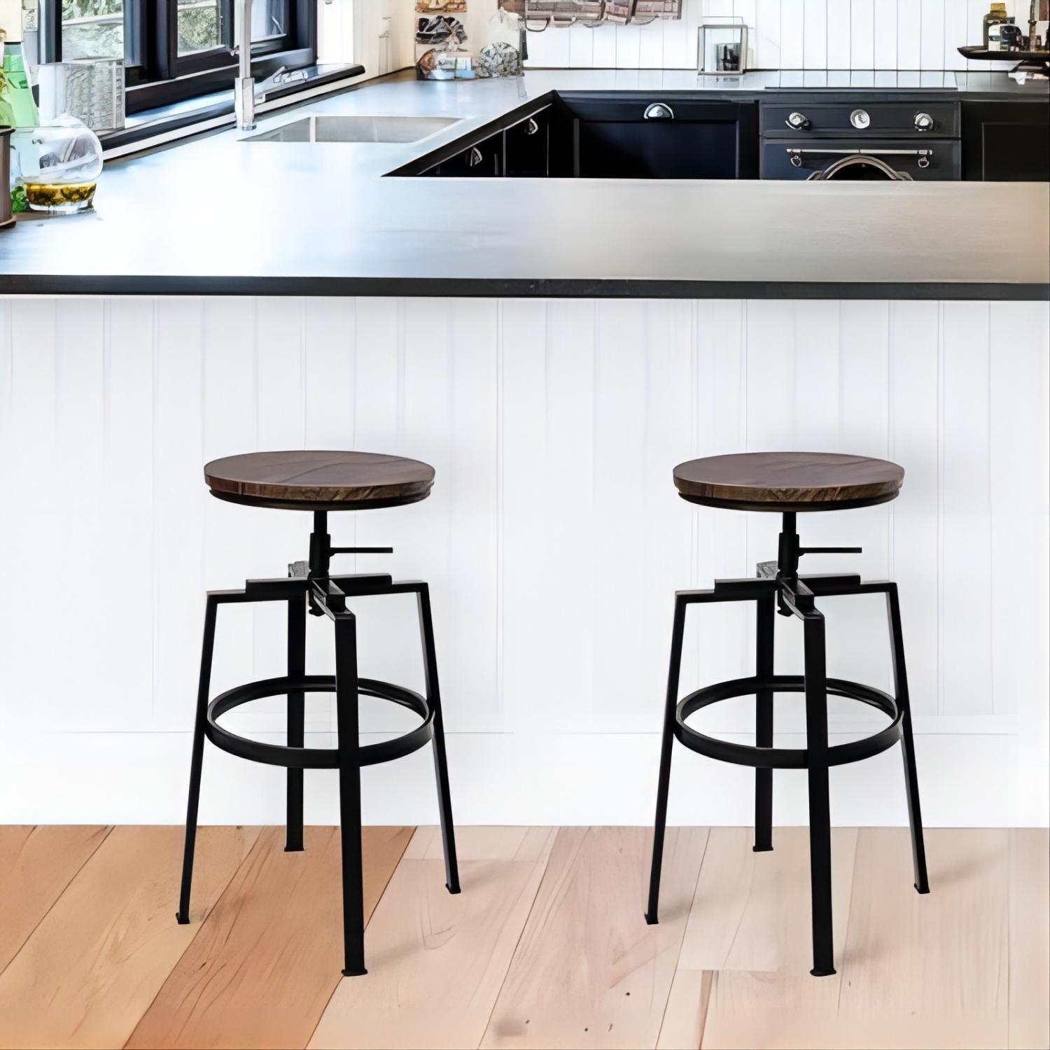 Backless Adjustable Height Bar Stools with Metal Legs; Oak seat; Set of 2