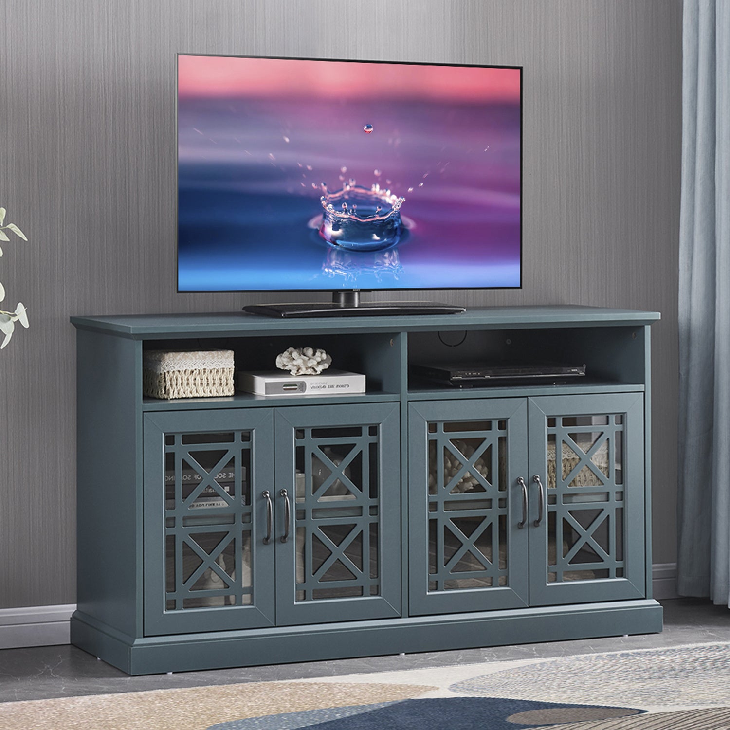 53” Wooden TV Console; Storage Buffet Cabinet; Sideboard with Glass Door and Adjustable Shelves; Console Table for Dining Living Room Cupboard; Dark Teal