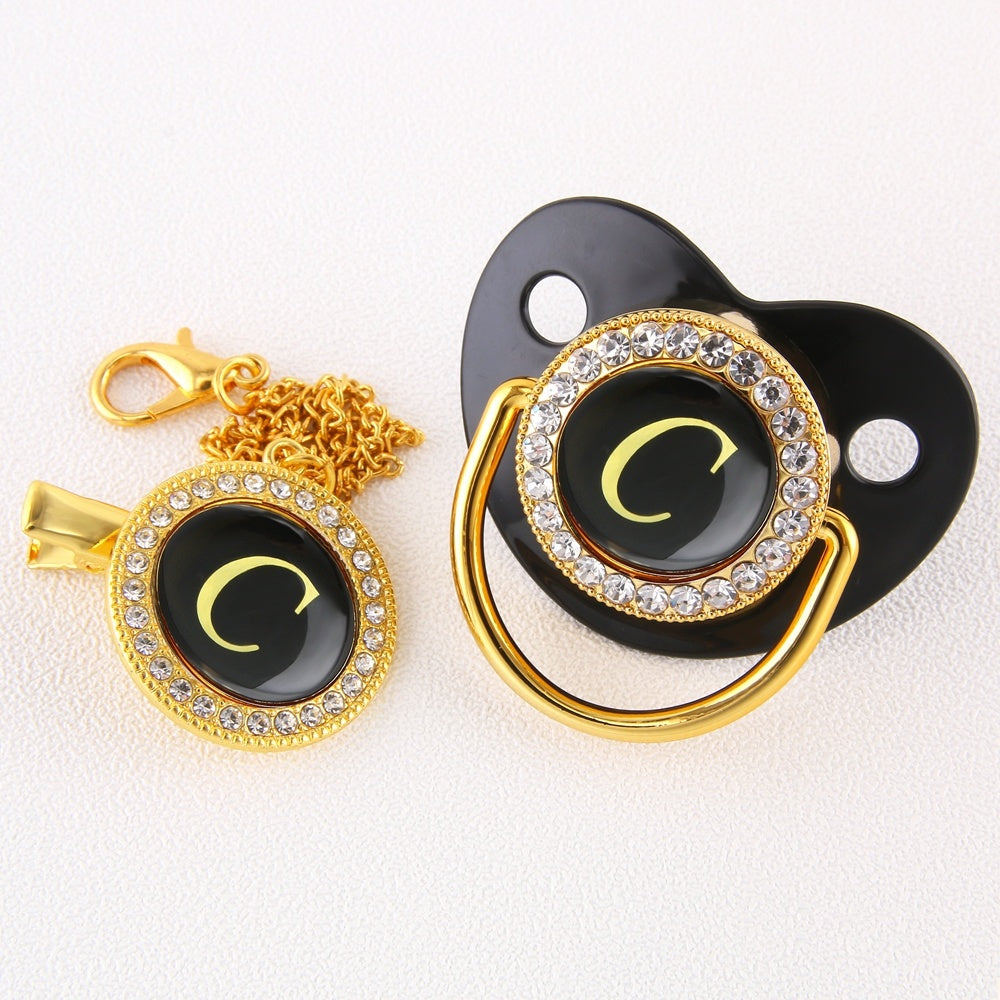 Black Bling Baby Pacifier And Clip Alphabet Letter Nipple