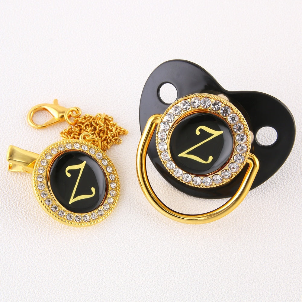 Black Bling Baby Pacifier And Clip Alphabet Letter Nipple