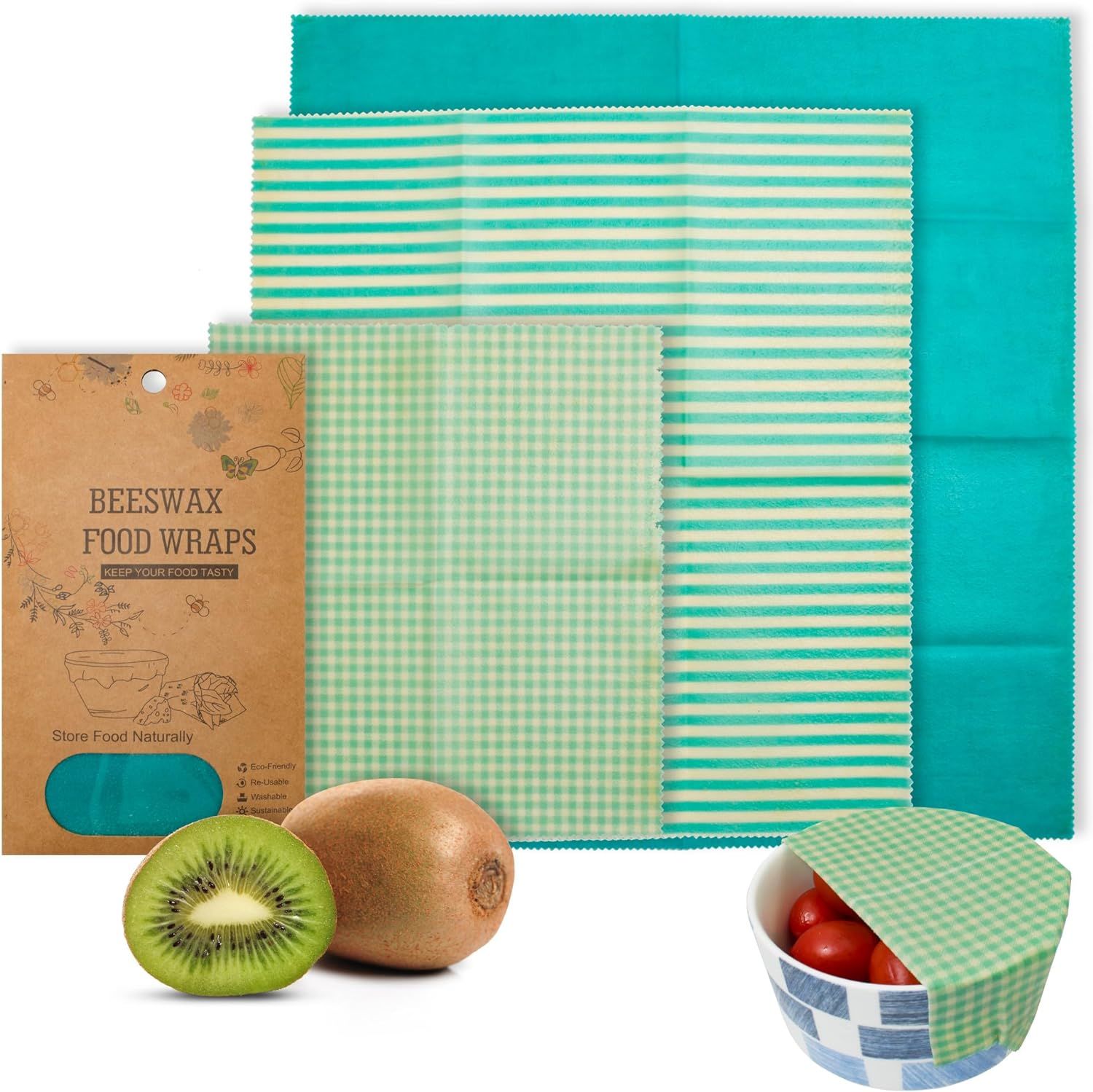 Beeswax Food Wraps. Pack of 3 Assorted Organic Bee Wax Wrapping Blue Papers. Reusable Set of Small; Medium; Big Natural Cloth Wrappers.