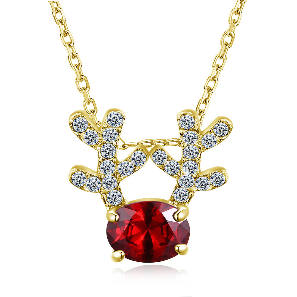 New Fashion Christmas Necklace Cute Red Cubic Zirconia Antlers Long Necklace For Women Girl Chain Necklaces & Pendants