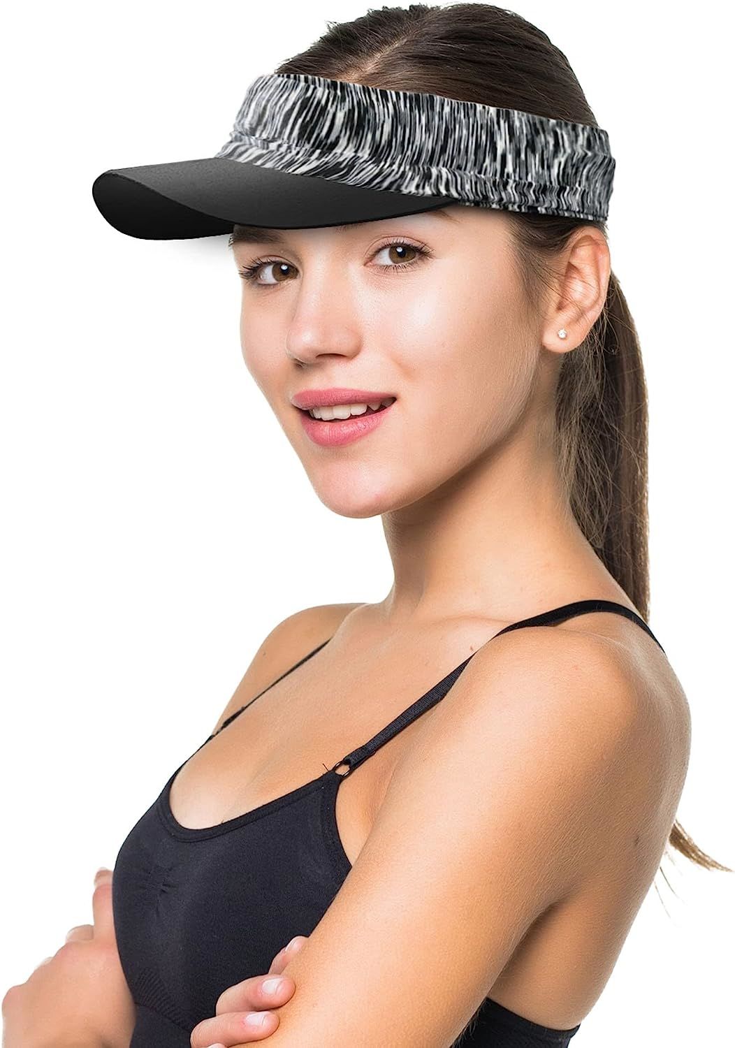 Black Zebra Cap Visor; Polyester Sun Visors for Women; Stretchable Running Visors for Women; Elastic Tennis Visors for Women; Spandex Black Visor; Cooling Visor with Elastic Band and Open Top