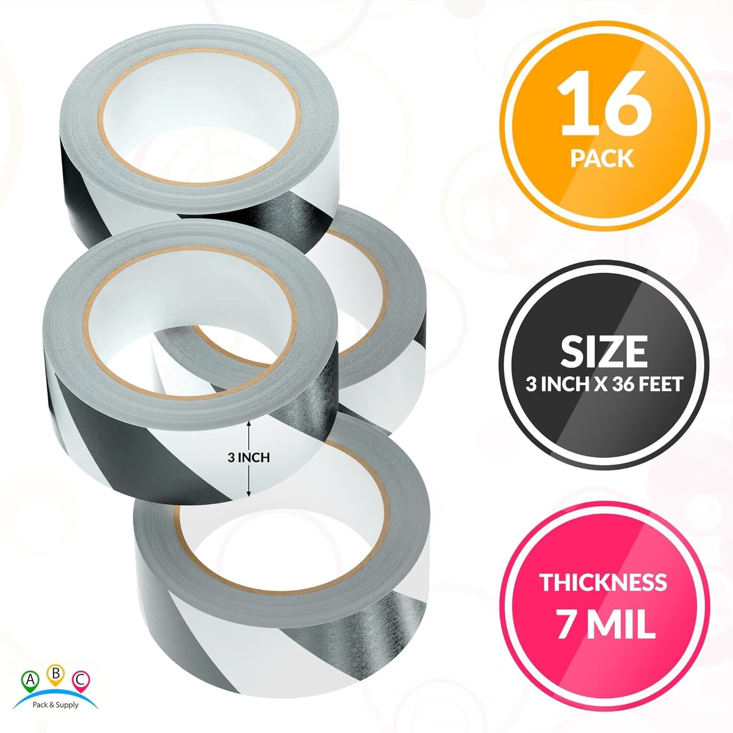 Aisle Marking Tapes 3' x 36'.16 Rolls of Hazard Warning Tapes Flexible Black White Tape Vinyl Tape for Making Steps Pillars Parking Lots Walk Ways Nat