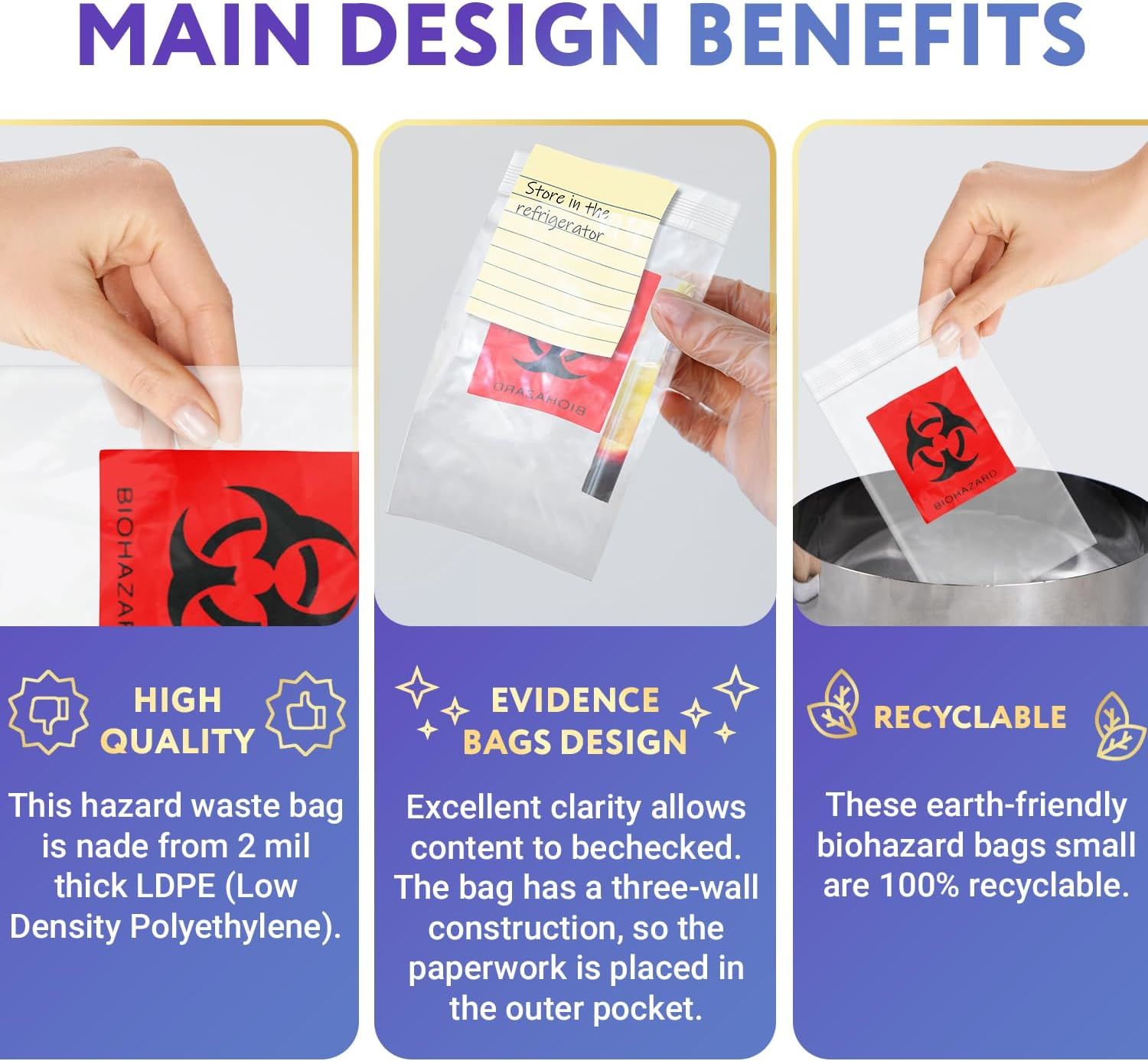 Pack of 100 Biohazard 3 Wall Specimen Bags 6 x 9 Red and Black Zipper Biohazard Bags 6x9 Thickness 2 Mil Attached Document Pouch Printed Lab Transport