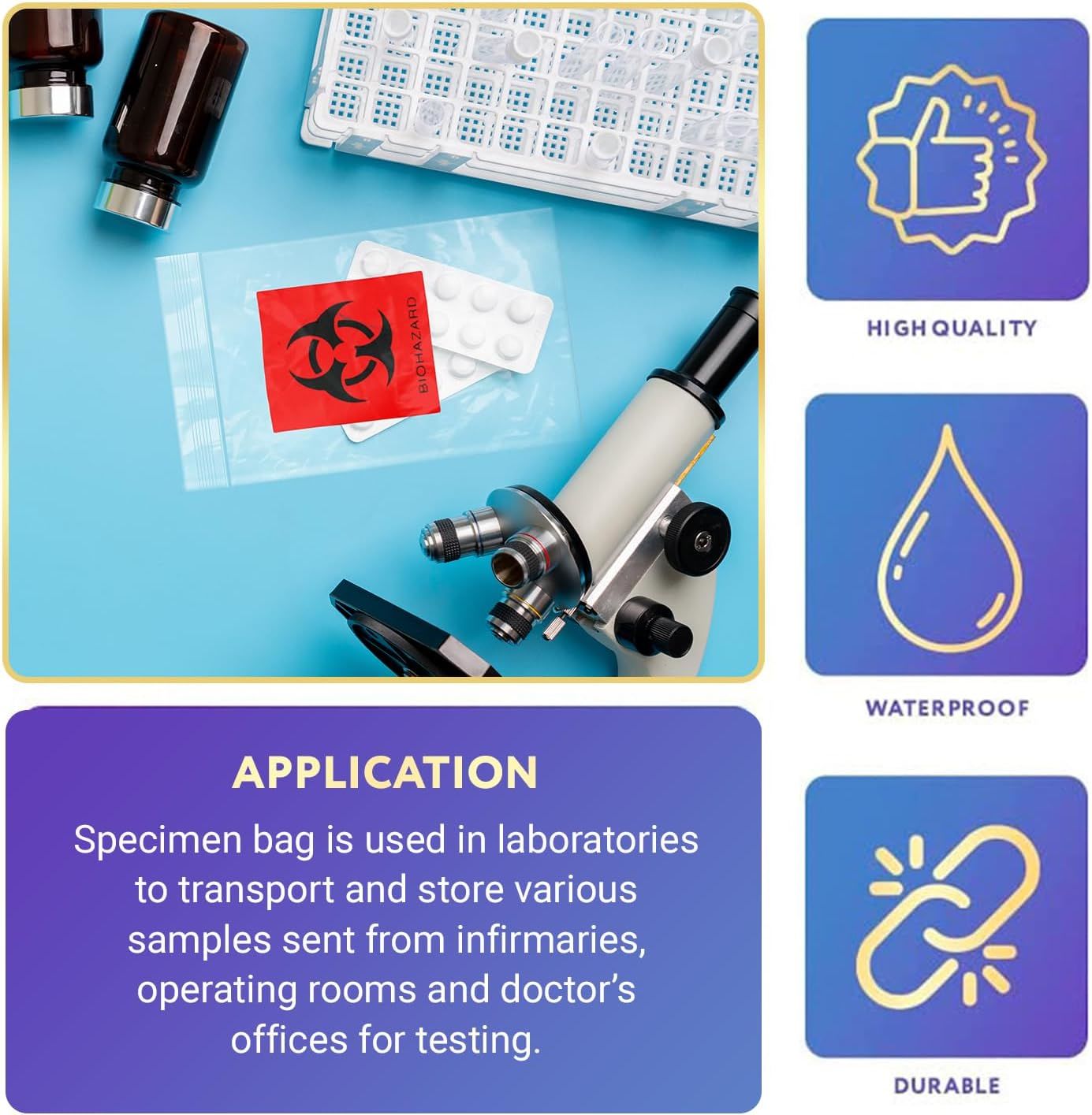 Pack of 100 Biohazard 3 Wall Specimen Bags 6 x 9 Red and Black Zipper Biohazard Bags 6x9 Thickness 2 Mil Attached Document Pouch Printed Lab Transport