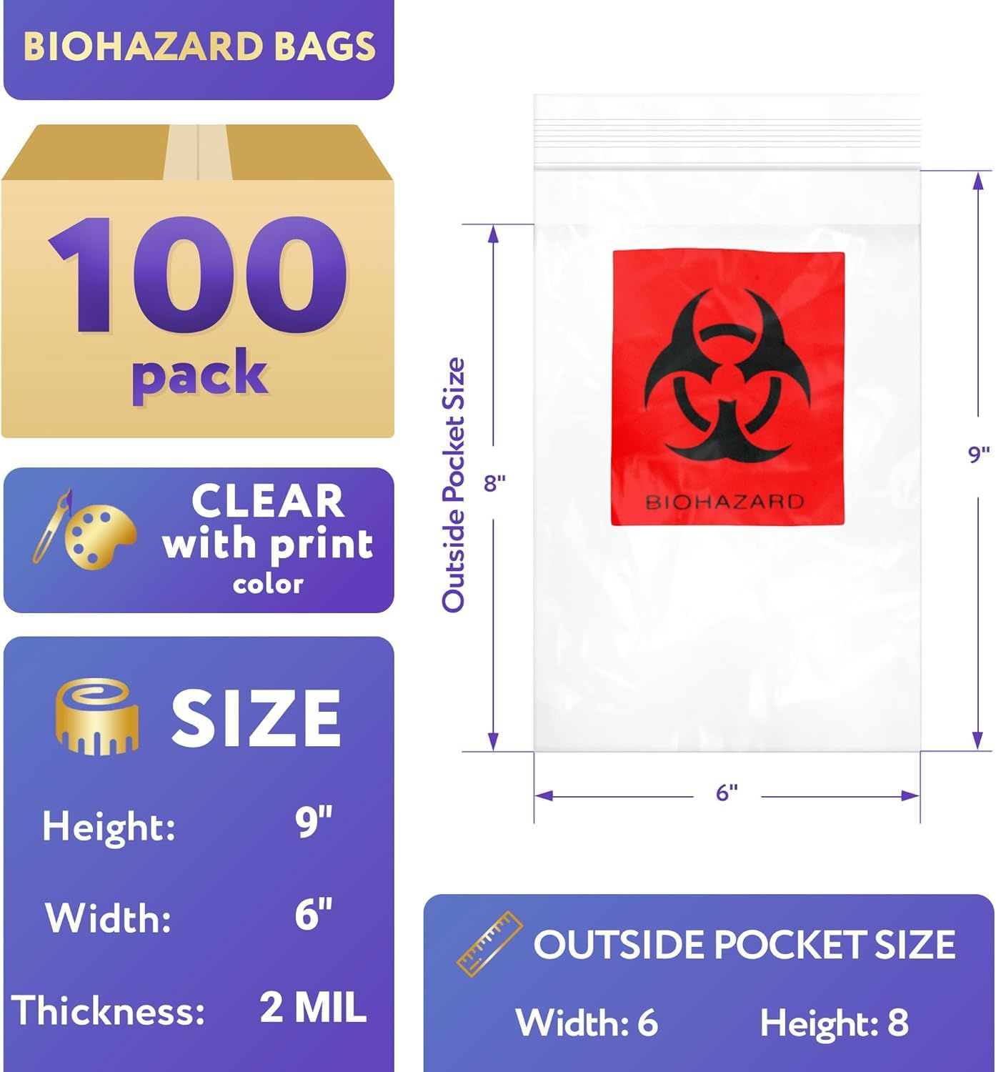 Pack of 100 Biohazard 3 Wall Specimen Bags 6 x 9 Red and Black Zipper Biohazard Bags 6x9 Thickness 2 Mil Attached Document Pouch Printed Lab Transport