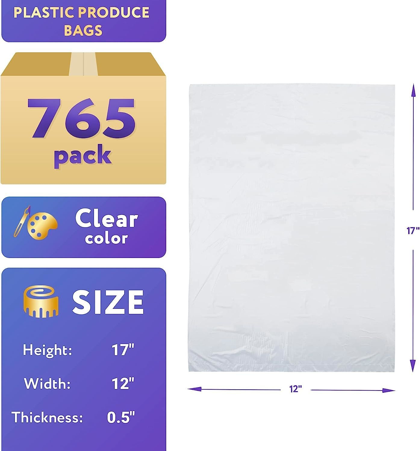 Pack of 765 Clear Plastic Produce Bags on a Roll 12 x 17 Thickness 8 Micron Polyethylene Bags 12x17 Clear Printed Produce Bags Plastic Grocery Bags fo