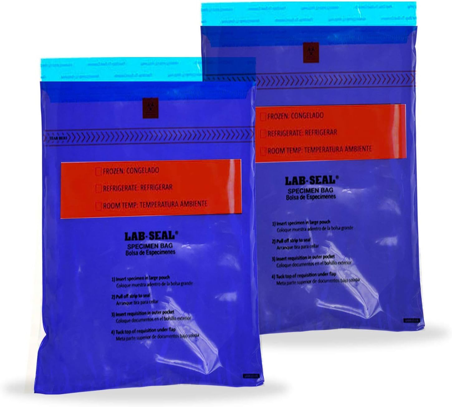 Pack of 1000 Tamper-Evident Specimen Bags; Blue 6 x 10. Printed Polyethylene Bags 6x10. Pull Tab Adhesive Closure 1.80 mil Thick. Removable Biohazard