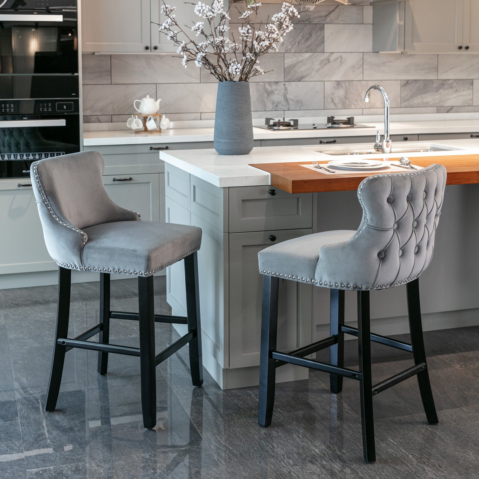 Contemporary Velvet Upholstered Wing-Back Barstools with Button Tufted Decoration and Wooden Legs; and Chrome Nailhead Trim; Leisure Style Bar Chairs; Bar stools; Set of 2