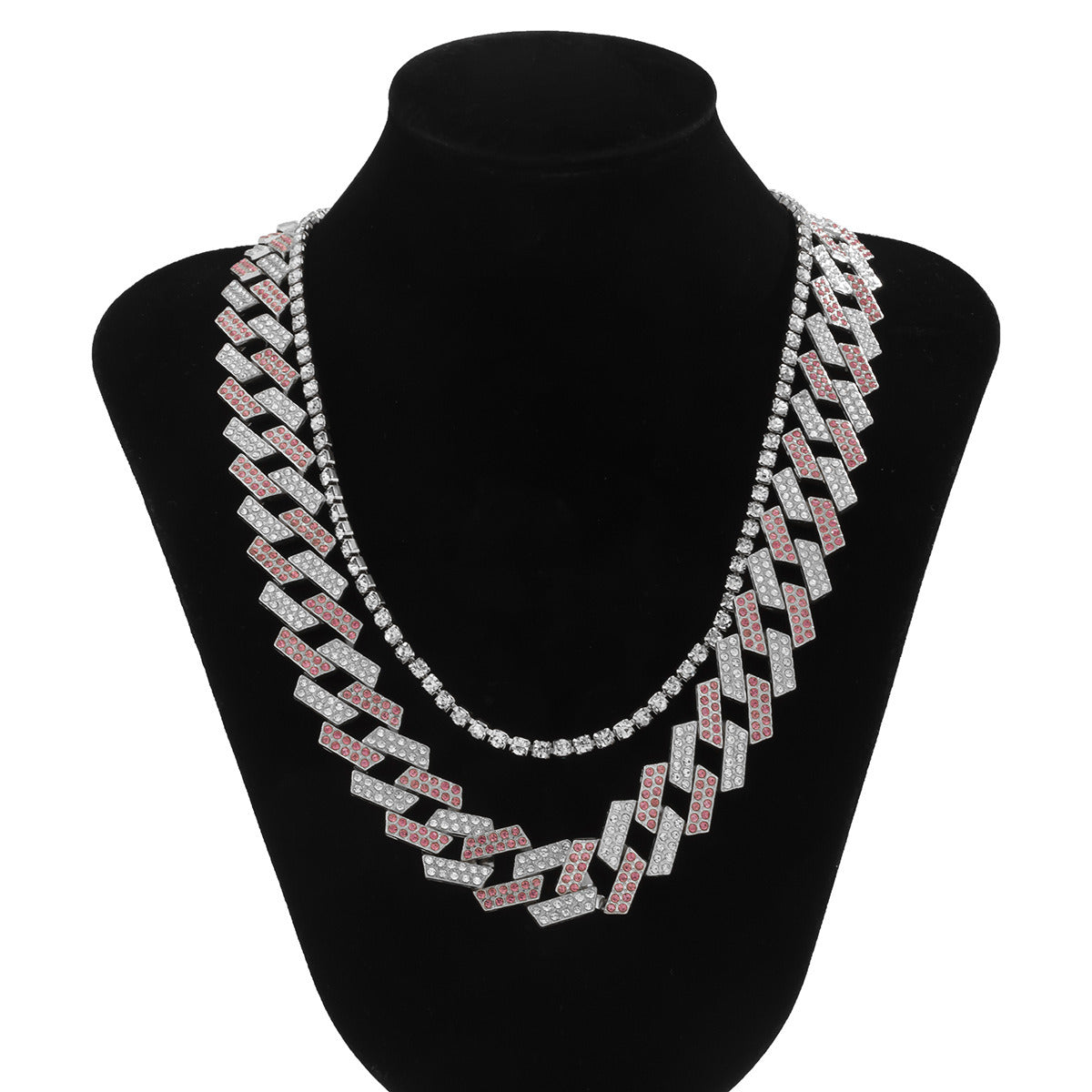 Hip Hop 2PCS Cuban Chain Baguette Rhinestone Miami Zircon Bling Iced Out Necklace For Men Women Jewelry