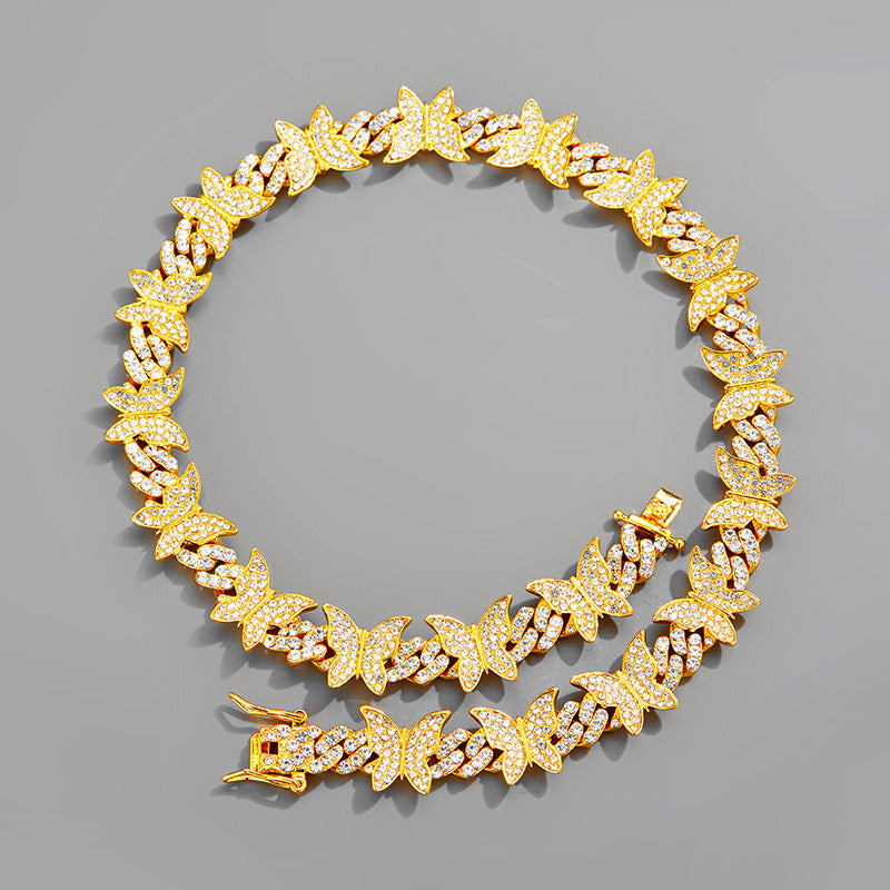 Iced Out CrystalButterfly Choker Bracelet Necklace for Women Hip Hop Bling Rhinestone Miami Cuban Link Necklace Punk Jewelry