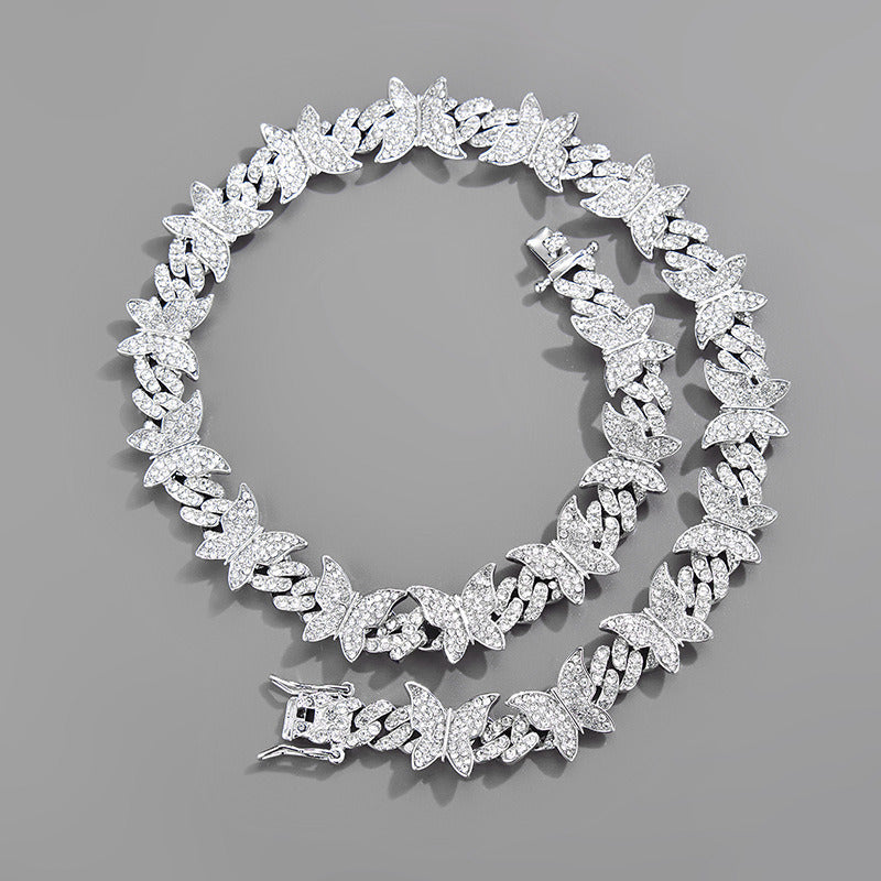 Iced Out CrystalButterfly Choker Bracelet Necklace for Women Hip Hop Bling Rhinestone Miami Cuban Link Necklace Punk Jewelry