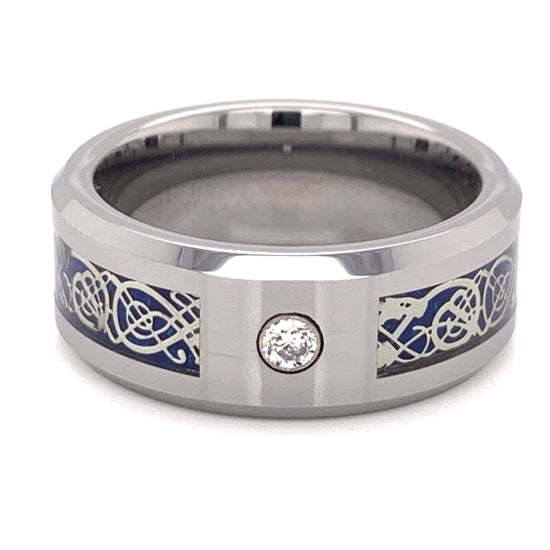Blue Decorative Center With Clear CZ Stone Tungsten Comfort Fit Ring / TGR1014