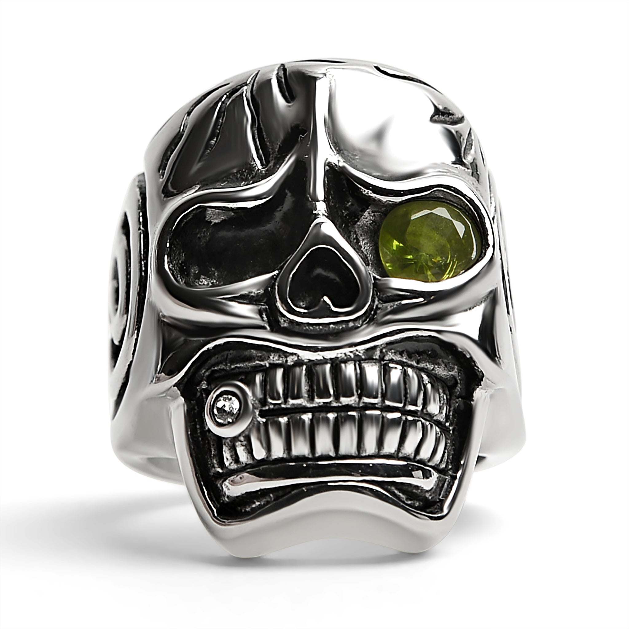 Detailed skull with Green CZ eye stone stainless steel ring / SCR4092