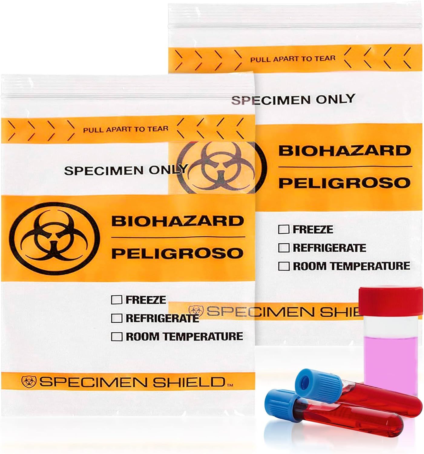 Pack of 100 Orange and Black Biohazard 3 Wall Specimen Bags 12 x 15 Zipper Bags Tear Pouch Bags 12x15 Thickness 2 Mil Seal Top Specimen Lab Bags for S