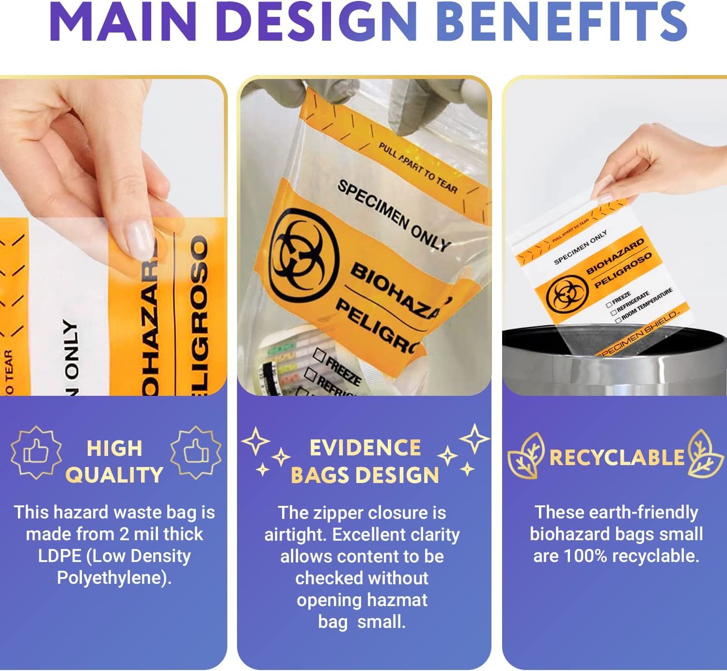 Pack of 100 Orange and Black Biohazard 3 Wall Specimen Bags 12 x 15 Zipper Bags Tear Pouch Bags 12x15 Thickness 2 Mil Seal Top Specimen Lab Bags for S