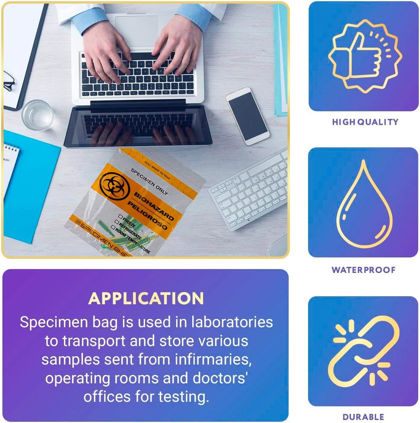 Pack of 100 Orange and Black Biohazard 3 Wall Specimen Bags 12 x 15 Zipper Bags Tear Pouch Bags 12x15 Thickness 2 Mil Seal Top Specimen Lab Bags for S