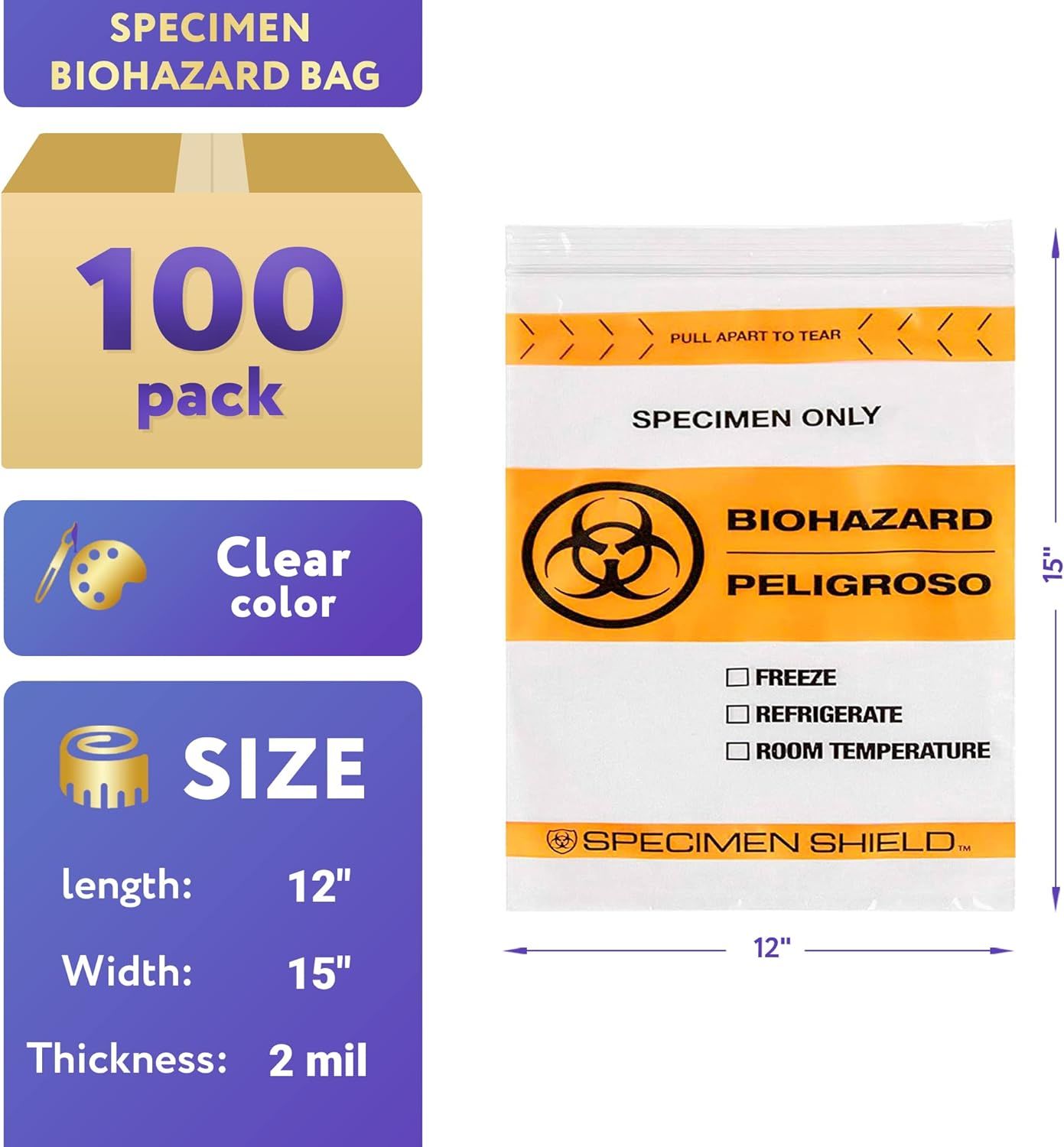 Pack of 100 Orange and Black Biohazard 3 Wall Specimen Bags 12 x 15 Zipper Bags Tear Pouch Bags 12x15 Thickness 2 Mil Seal Top Specimen Lab Bags for S