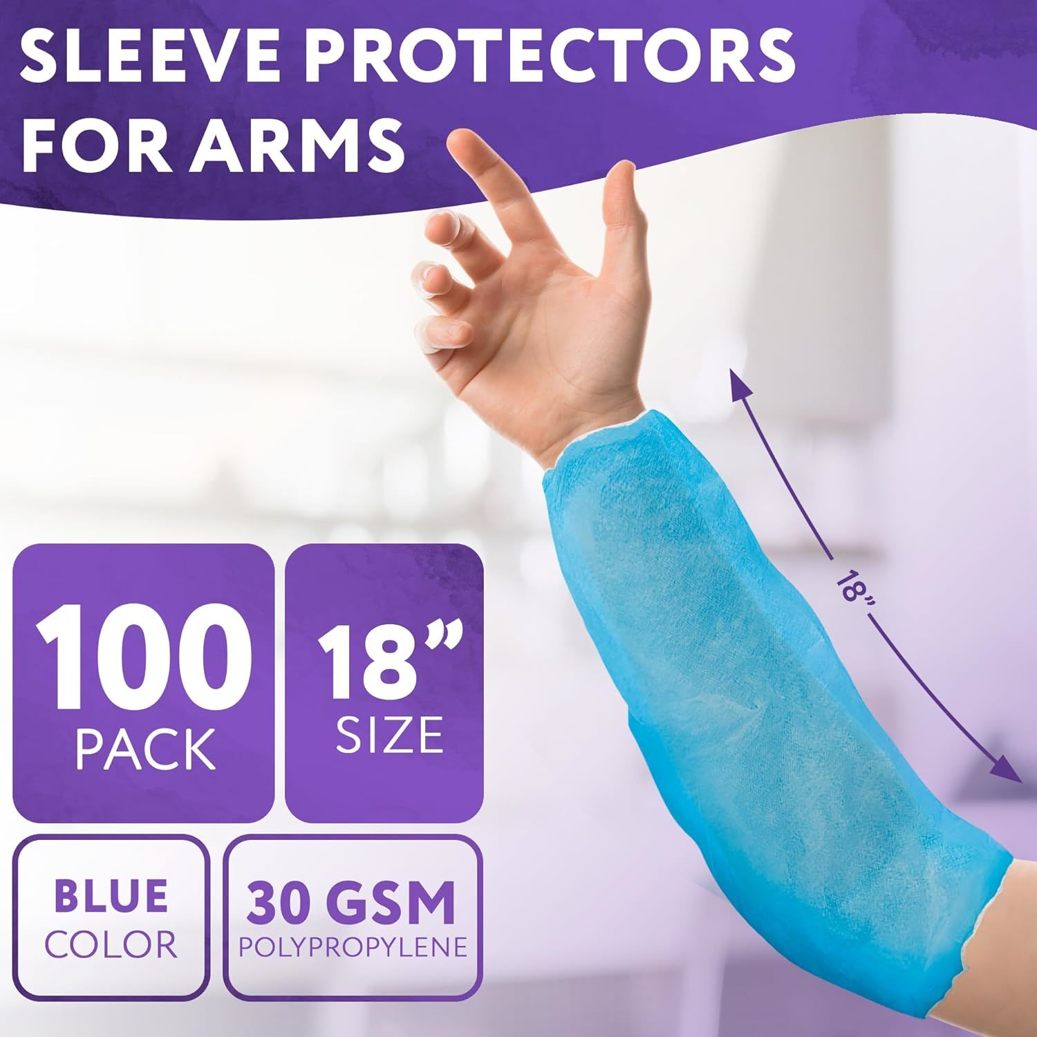 Blue Polypropylene Sleeves 18" Pack of 100 Non-Woven Fabric Oversleeves Protective Arm Sleeves Covers with Elasticated Wrist Elbow Plastic Arm Protect