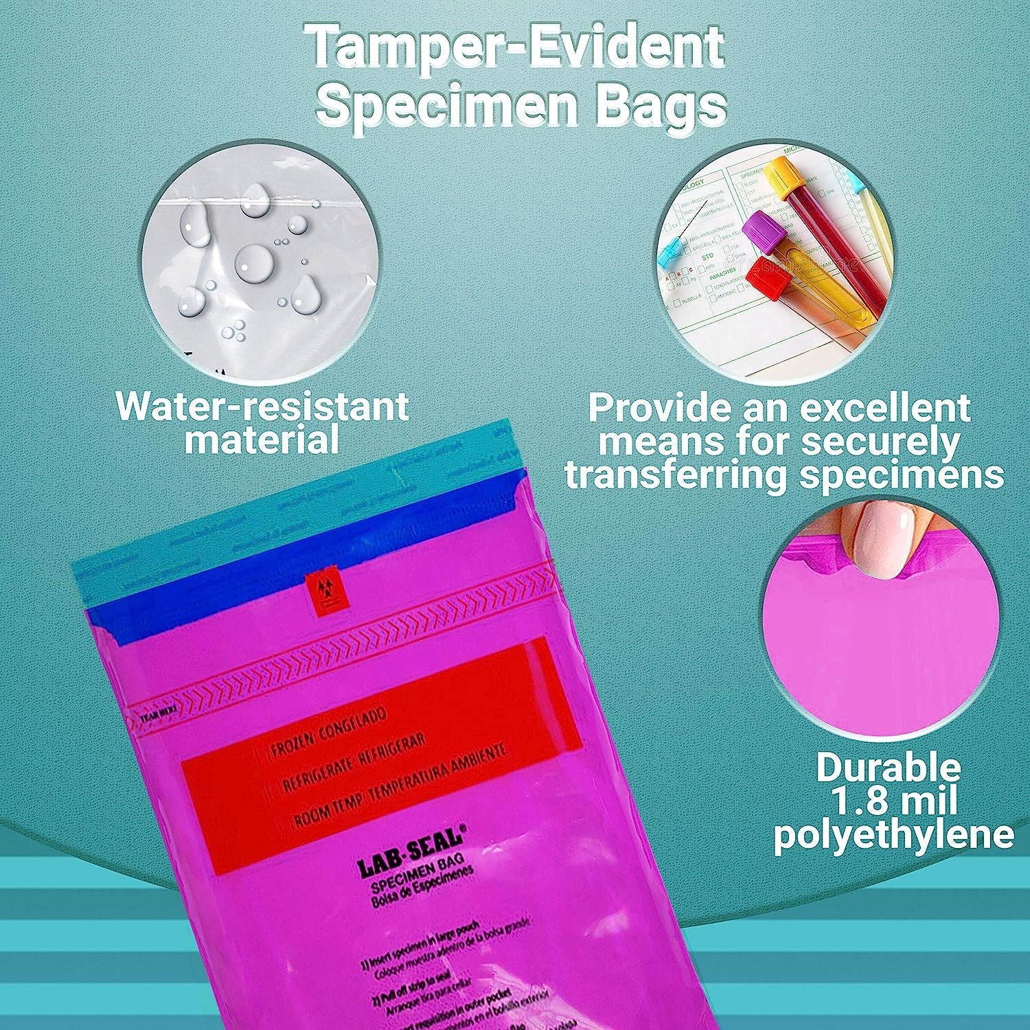 Pack of 1000 Specimen Bags; Purple 6 x 10. Low density polyethylene Printed Bags 6x10. Pull tab adhesive closure 1.80 mil thick. Plastic Bags for Heal