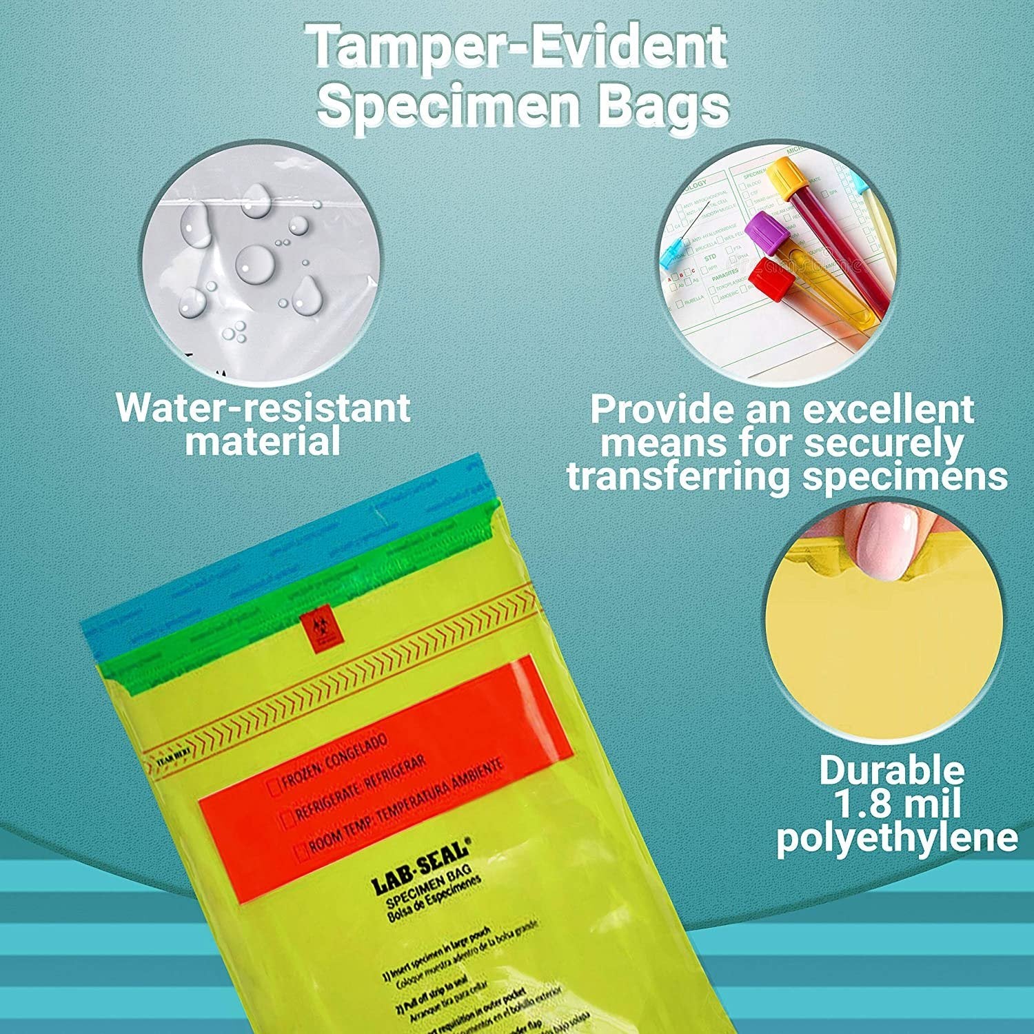 Pack of 1000 Tamper-Evident Specimen Bags "STAT"; Yellow 6 x 10. Polyethylene Bags 6x10. Pull Tab Adhesive Closure 1.80 mil Thick. Removable Biohazard