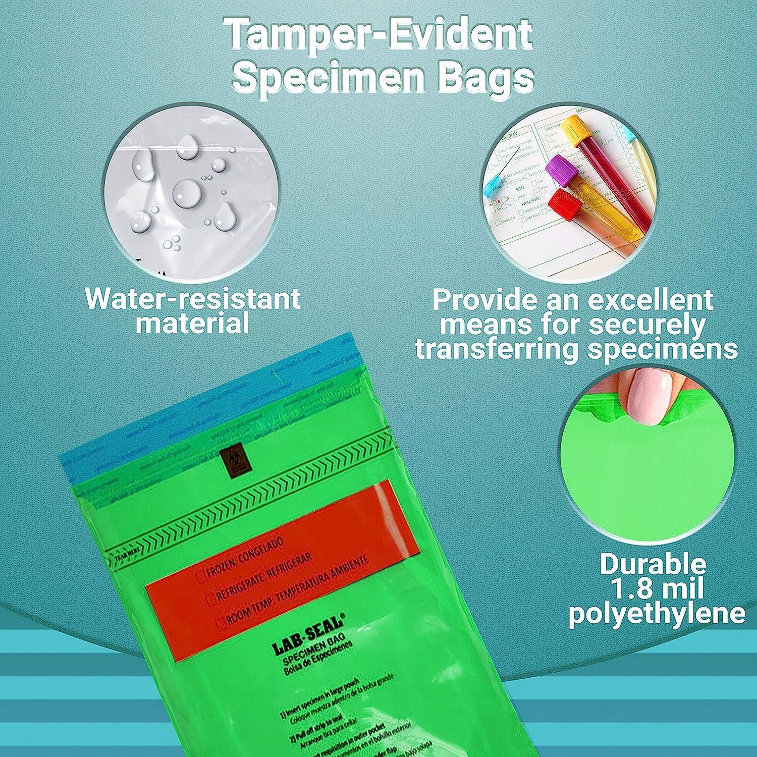 Pack of 1000 Tamper-Evident Specimen Bags; Green 6 x 10. Printed Polyethylene Bags 6x10. Pull Tab Adhesive Closure 1.80 mil Thick. Removable Biohazard