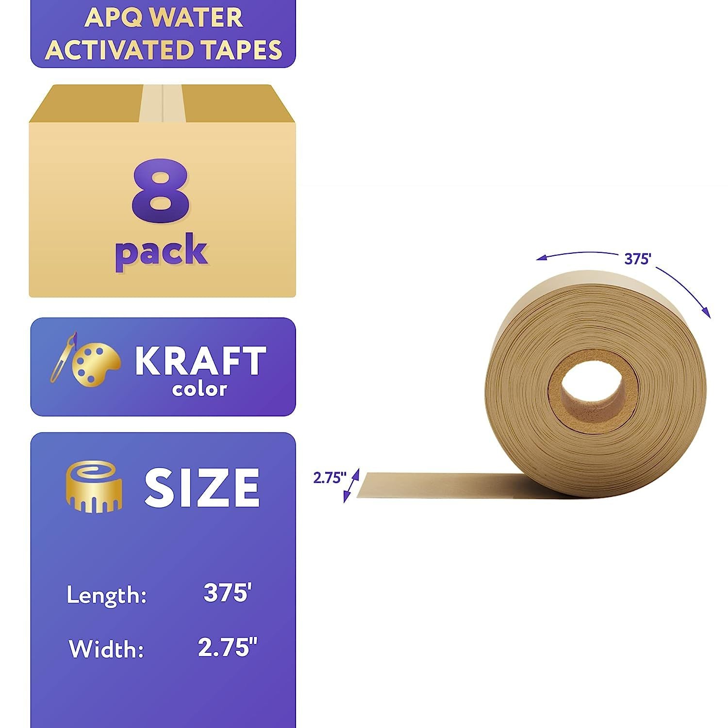 Pack of 8 Reinforced Water Activated Tapes 2.75" x 375'. Gummed Tape for Corrugated Cartons. Kraft Box Tape with Permanent Adhesion. Paper Tape for Pa