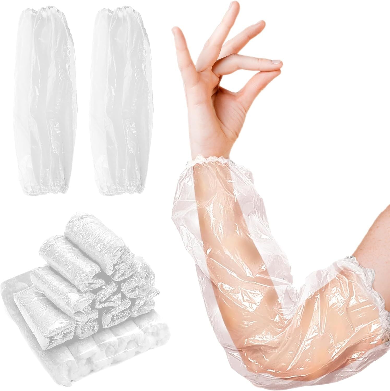 Disposable Clear Oversleeves 18". Pack of 1000 Embossed Plastic Waterproof PPE Arm Covers with Elastic Wrist; Elbow. Polyethylene 1 Mil Protective Sle