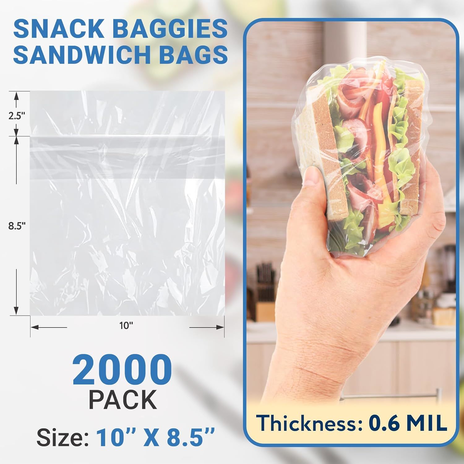 Saddle Pack of 2000 Deli Bags 10 x 8.5 with Flip Top; 2.5" Lip. 0.6 mil Thick. Sandwich Bags 10 x 8 1/2 Lip and Flip Poly Bags for Storing. Plastic Ba