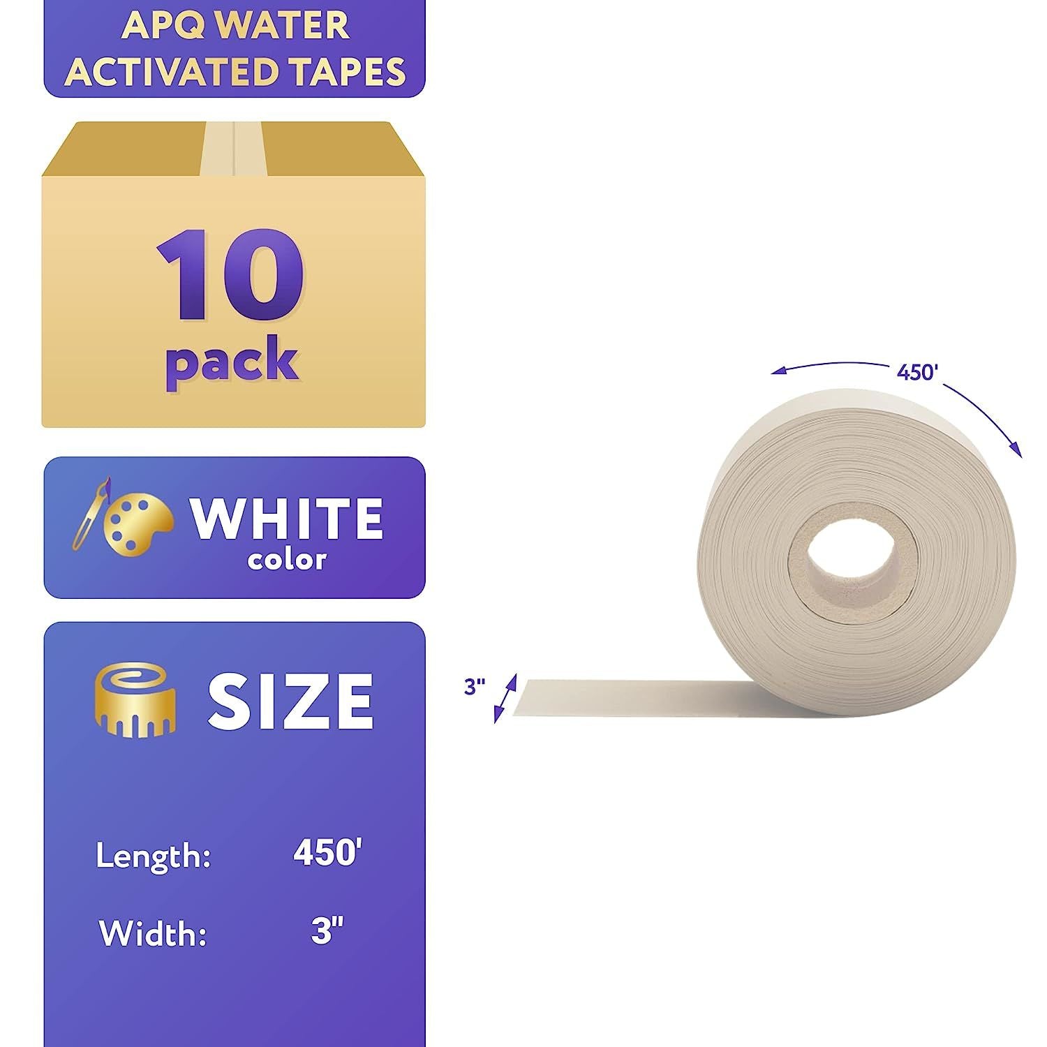 Pack of 10 White Reinforced Water Activated Tapes 3" x 450'. Gummed Tape for Corrugated Cartons. Kraft Box Tape with Permanent Adhesion. Paper Tape fo