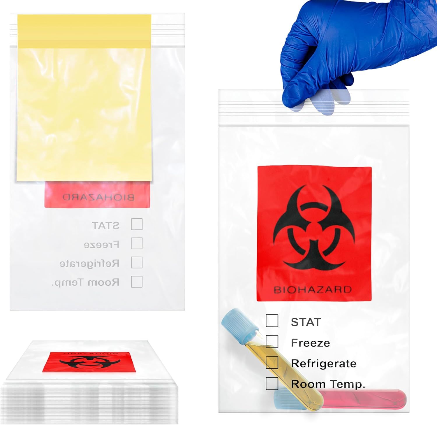 3 Wall Clear Specimen Bags 6 x 9; Polyethylene Red Biohazard Bags Pack of 100; Resealable Bags for Packaging 2 Mil; Waterproof and Durable Sample Bags