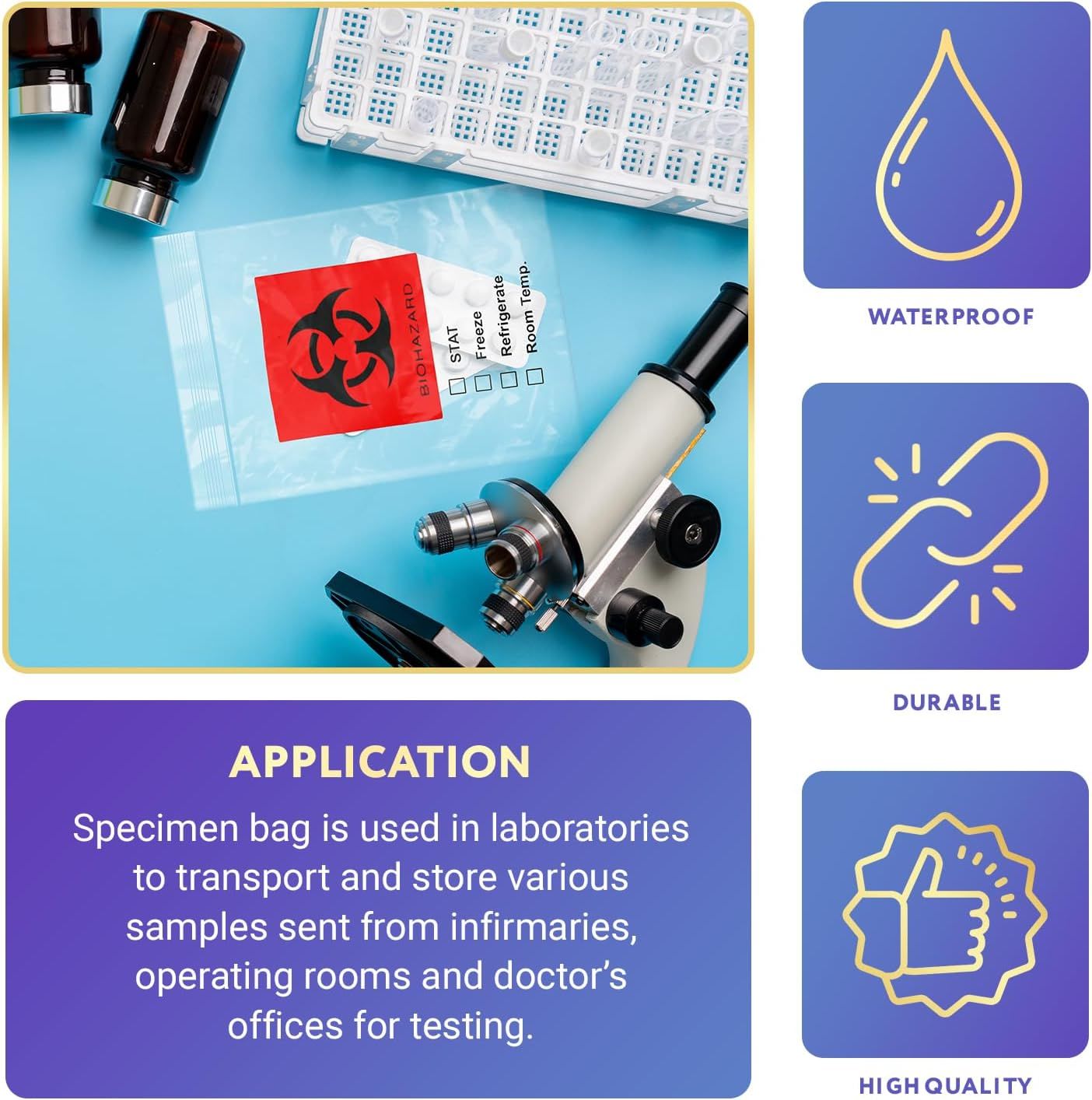 3 Wall Clear Specimen Bags 6 x 9; Polyethylene Red Biohazard Bags Pack of 100; Resealable Bags for Packaging 2 Mil; Waterproof and Durable Sample Bags