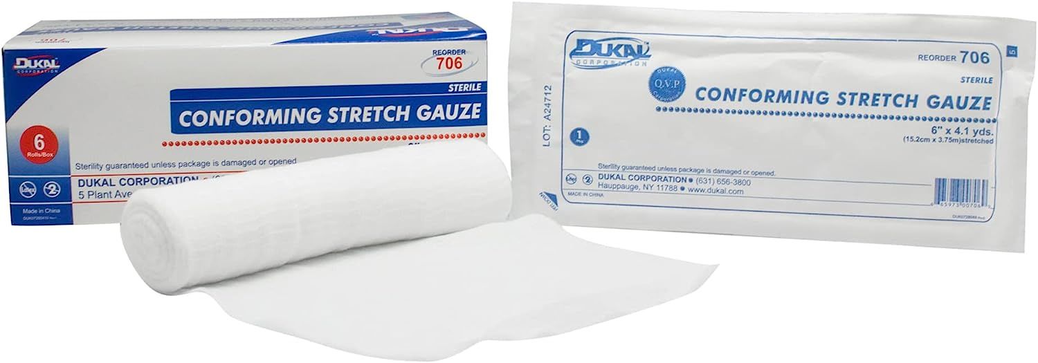Conforming Stretch Gauze 6 inch x 4.1 Yards. Pack of 6 Conforming Bandages. Rayon/Poly Knitted Stretch Gauze. Sterile Bandages. Comfortable and Gentle Pressure. Latex-Free.