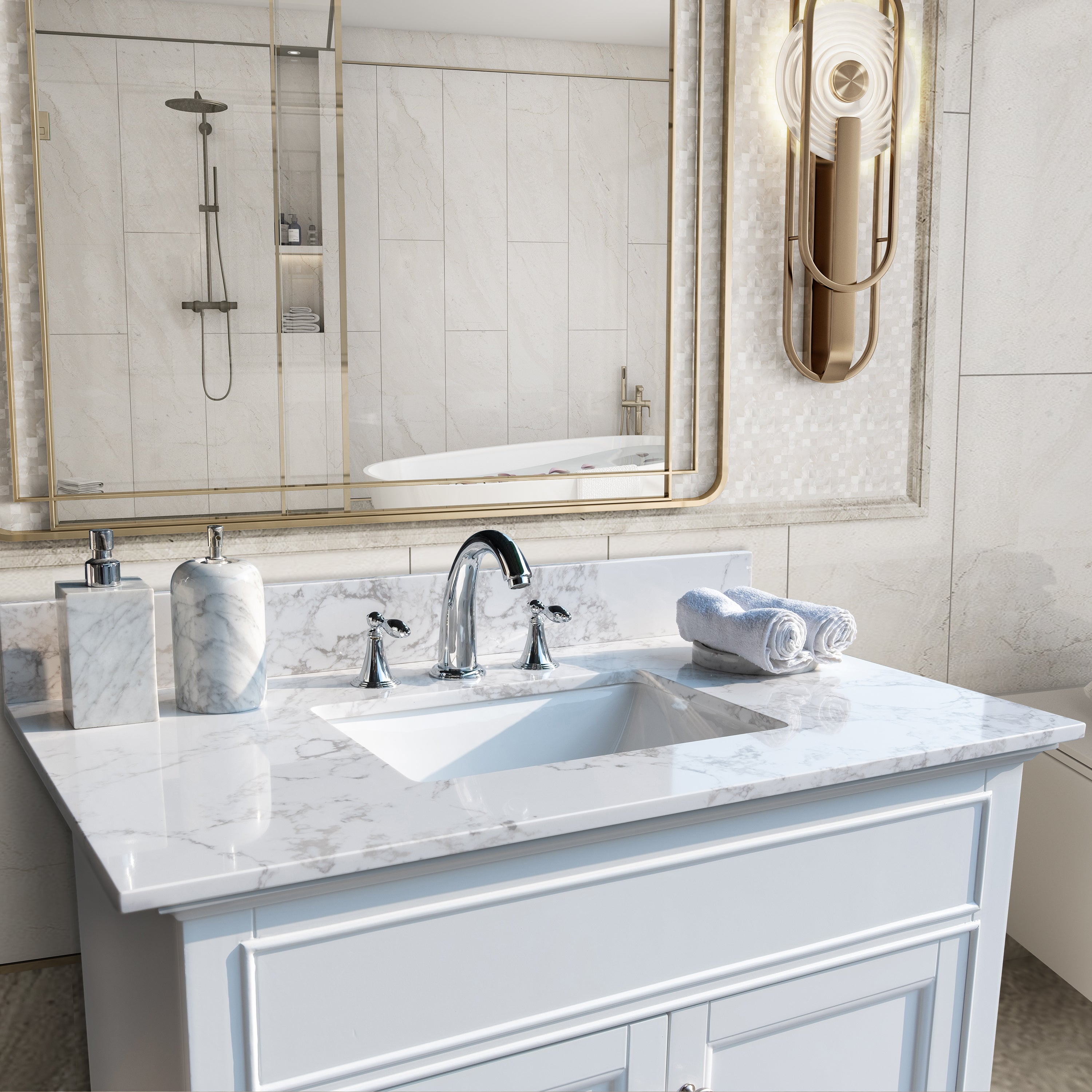37inch bathroom vanity top stone carrara white new style tops with rectangle undermount ceramic sink and back splash with 3 faucet hole for bathrom cabinet