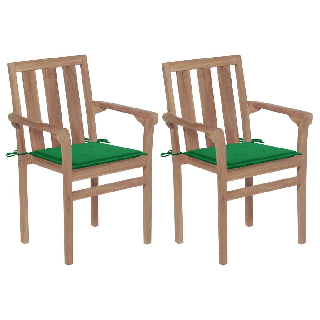Patio Chairs 2 pcs with Green Cushions Solid Teak Wood
