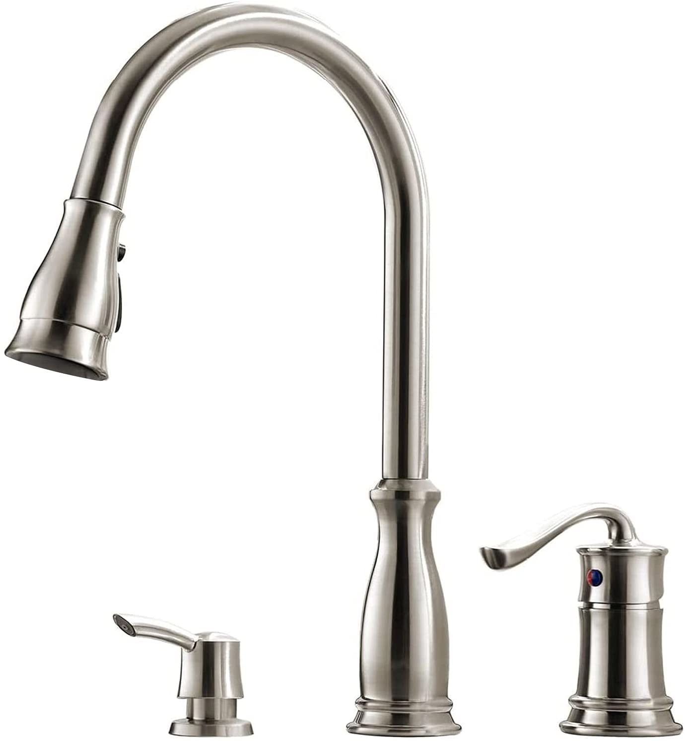 APPASO 3 Hole Pull Down Kitchen Faucet with Pull Down Sprayer Stainless Steel Brushed Nickel, 2 Hole Pull Out Kitchen Sink Faucet with Side Single Handle with Soap Dispenser
