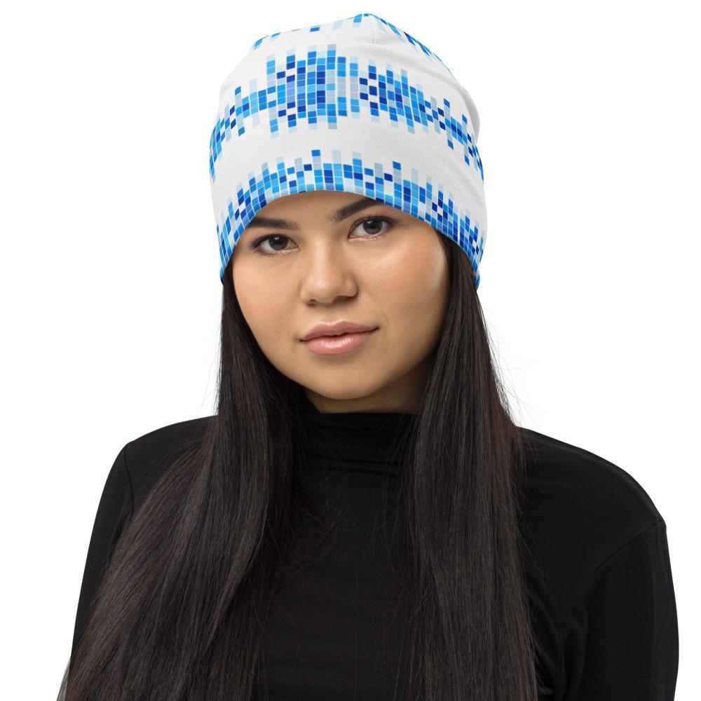 Beanie, Stretchy Double-Layered - Mosaic Square Blue & White / Unisex