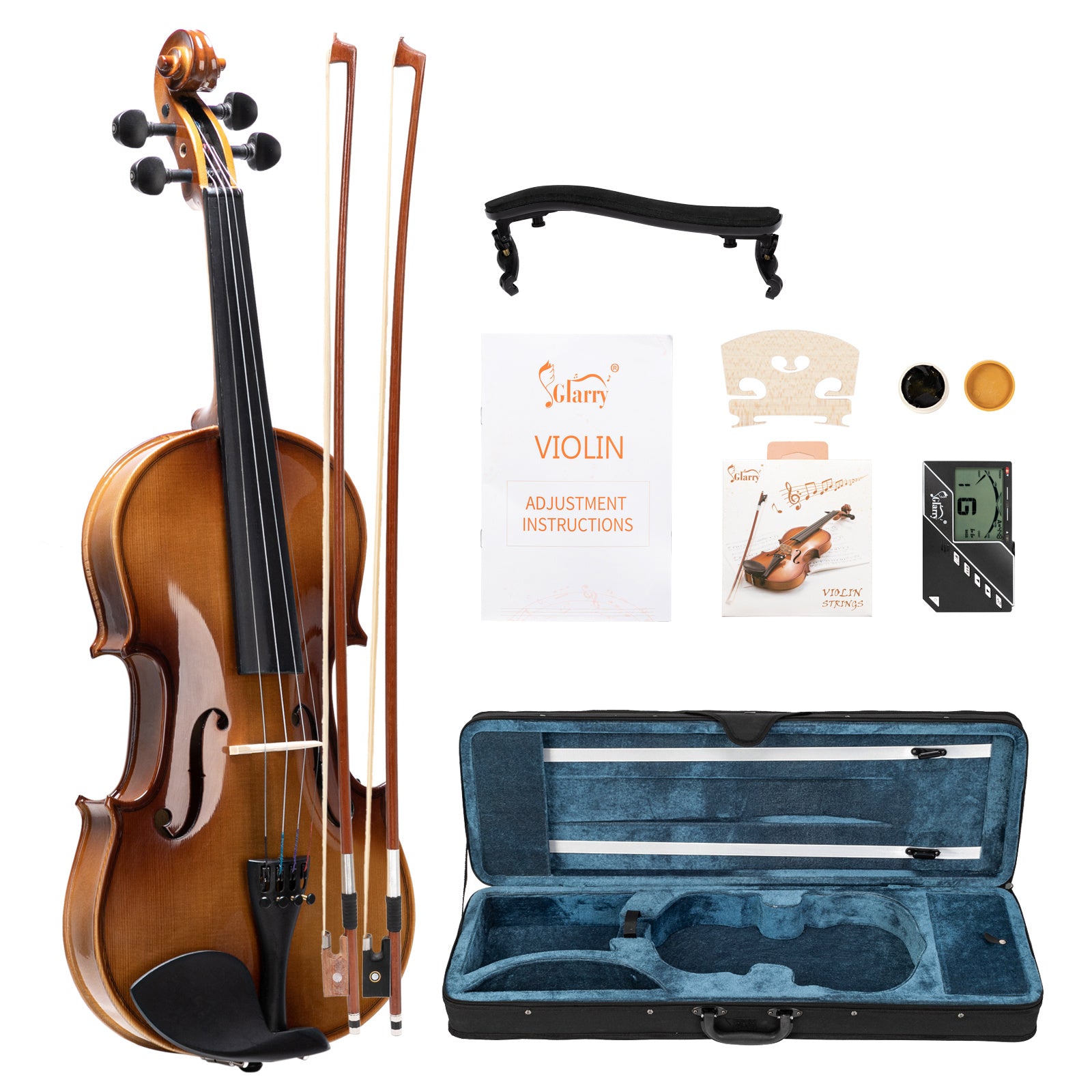 (Do Not Sell on Amazon) Glarry GV406 4/4 Acoustic Violin Kit Natural w/Square Case, 2 Bows, 3 In 1 Digital Metronome Tuner Tone Generator, Extra Strin