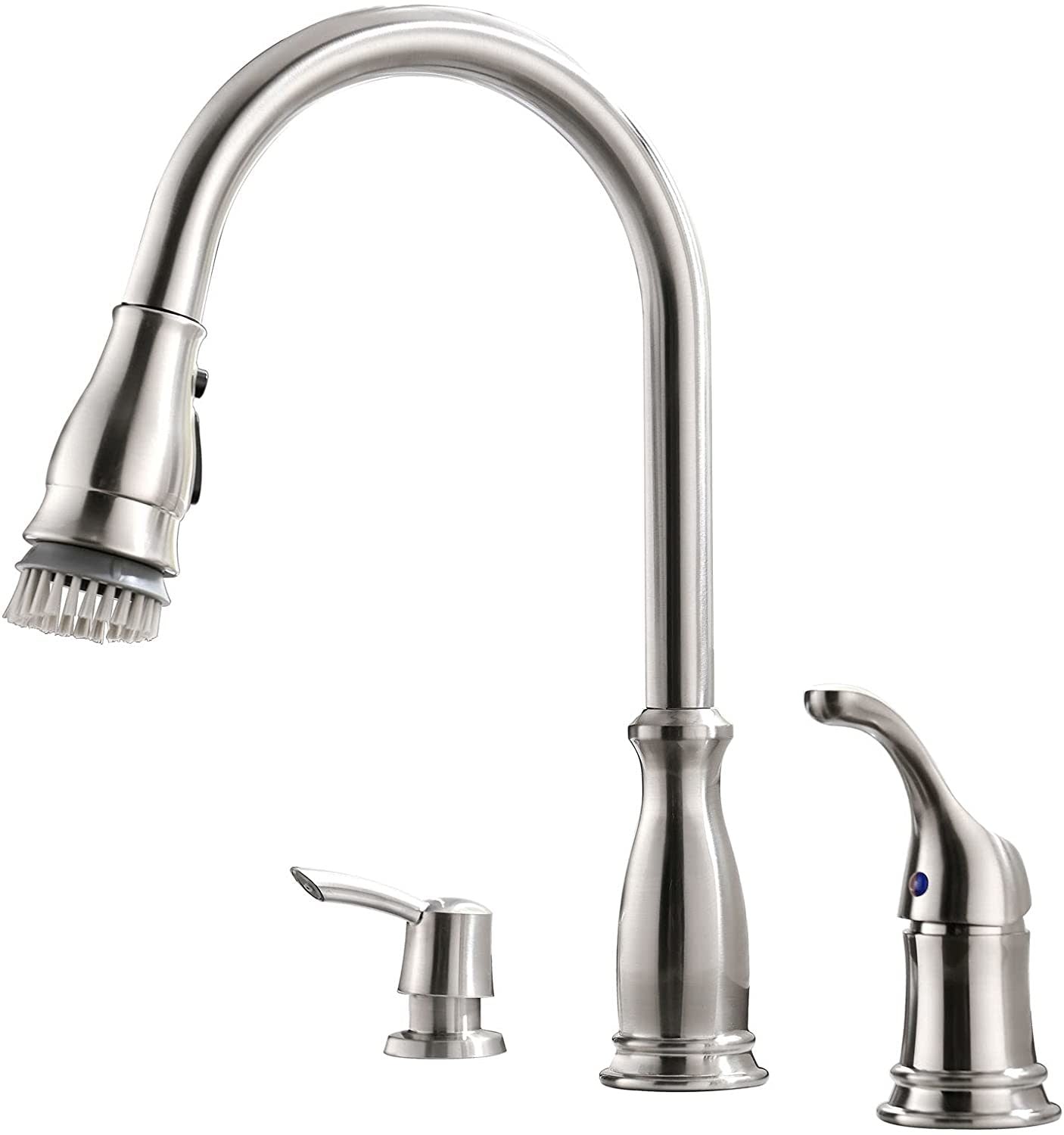 APPASO 3 Hole Kitchen Faucet with Pull Down Sprayer Stainless Steel Brushed Nickel, 2 Hole Pull Out Kitchen Sink Faucet with Side Single Handle and Soap Dispenser, 211BN