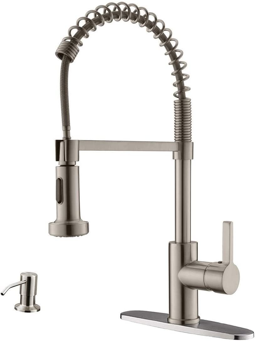 APPASO Commercial Kitchen Faucet Pull Down Sprayer with Soap Dispenser - Stainless Steel Brushed Nickel High Arc Tall Modern Single Handle Spring Kitchen Sink Faucet with Pull Out Spray