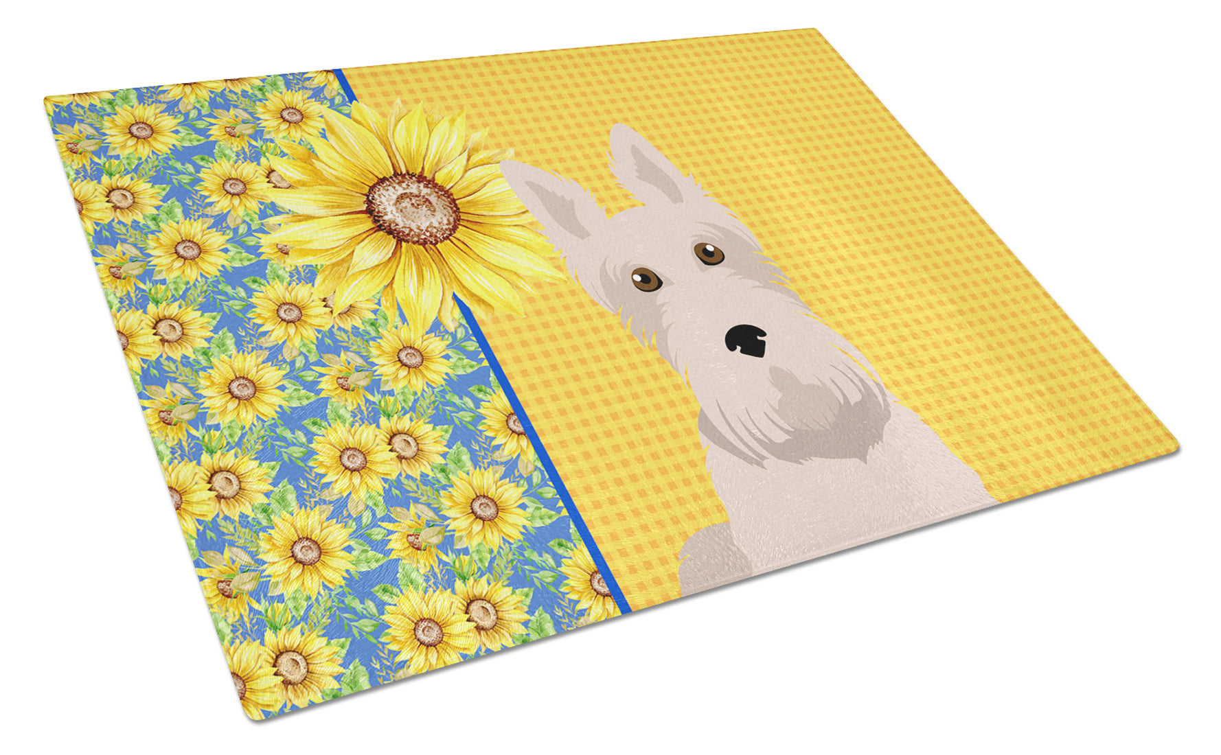 Summer Sunflowers Wheaten Scottish Terrier Glass Cutting Board Decorative Tempered Glass Kitchen Cutting and Serving Board Large Size Chopping Board
