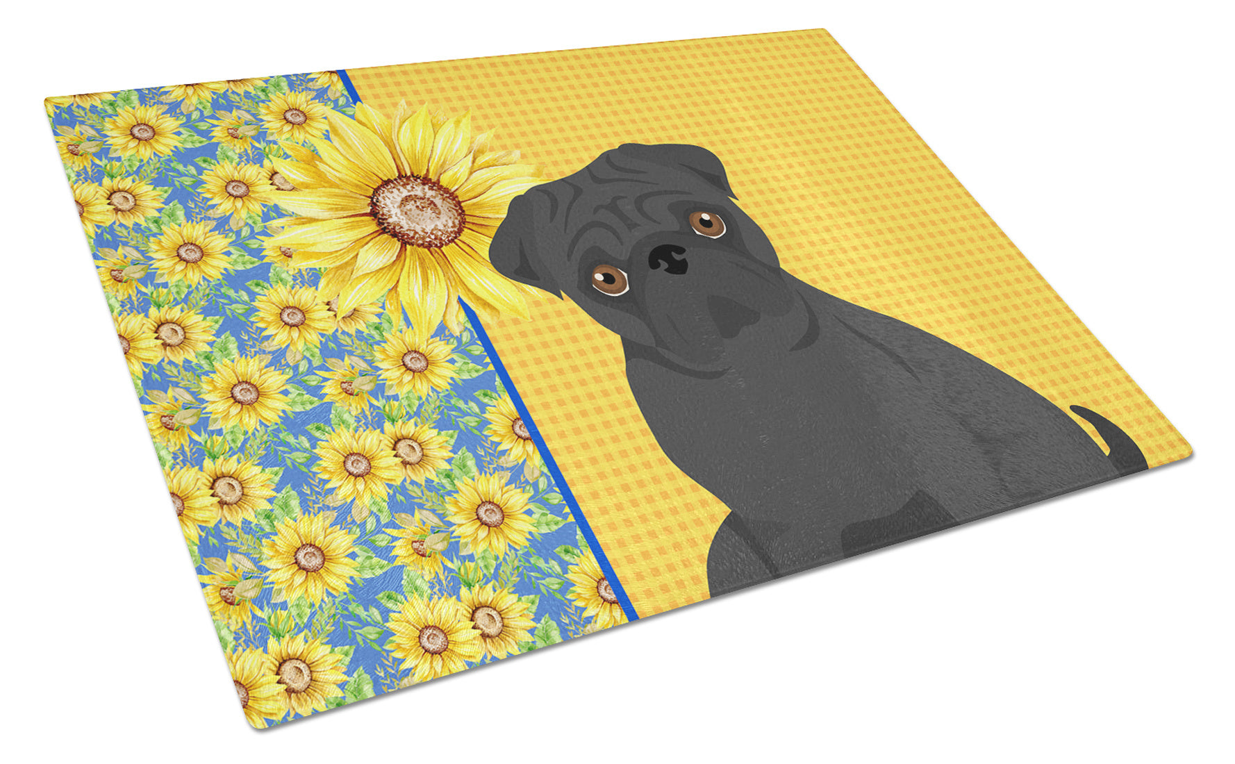 Summer Sunflowers Black Pug Glass Cutting Board Decorative Tempered Glass Kitchen Cutting and Serving Board Large Size Chopping Board