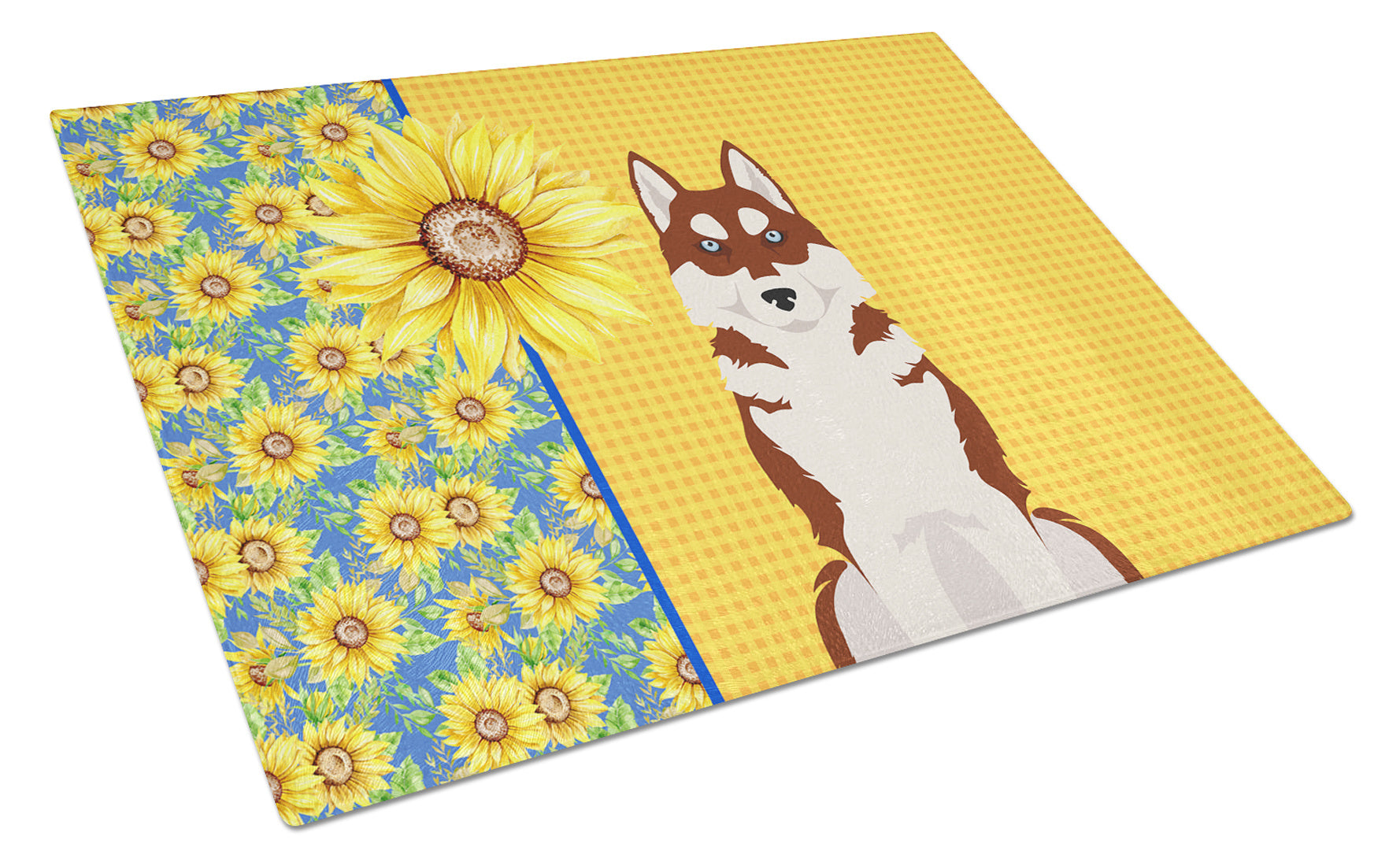 Summer Sunflowers Red Siberian Husky Glass Cutting Board Decorative Tempered Glass Kitchen Cutting and Serving Board Large Size Chopping Board